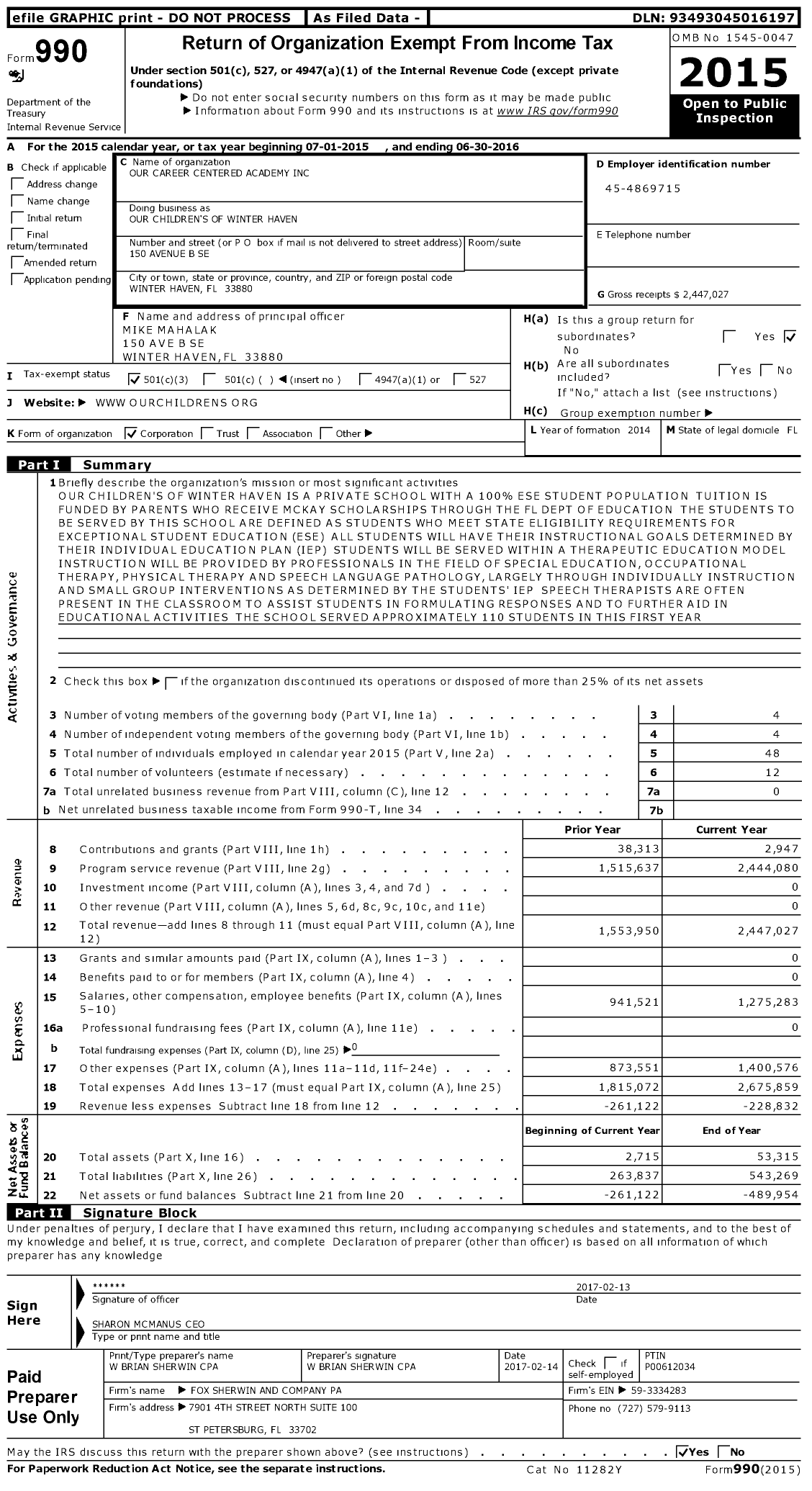 Image of first page of 2015 Form 990 for Life Skills Academy / Our Career Centered Academy Inc