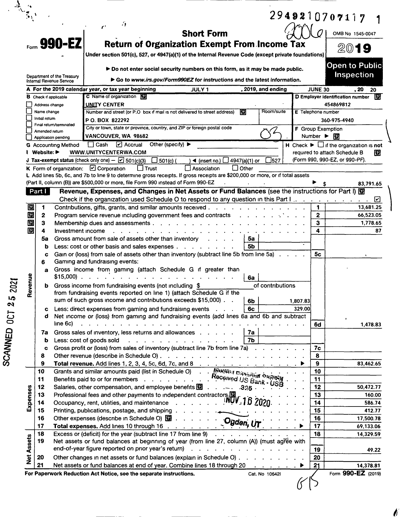 Image of first page of 2019 Form 990EZ for Unity Center