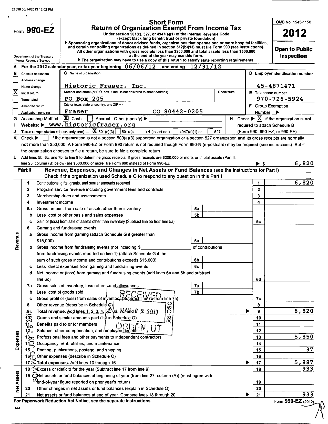 Image of first page of 2012 Form 990EZ for Historic Fraser