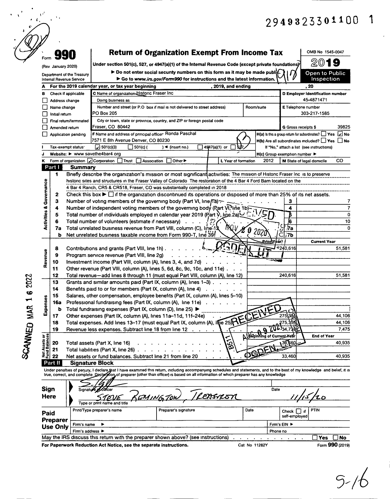 Image of first page of 2019 Form 990 for Historic Fraser