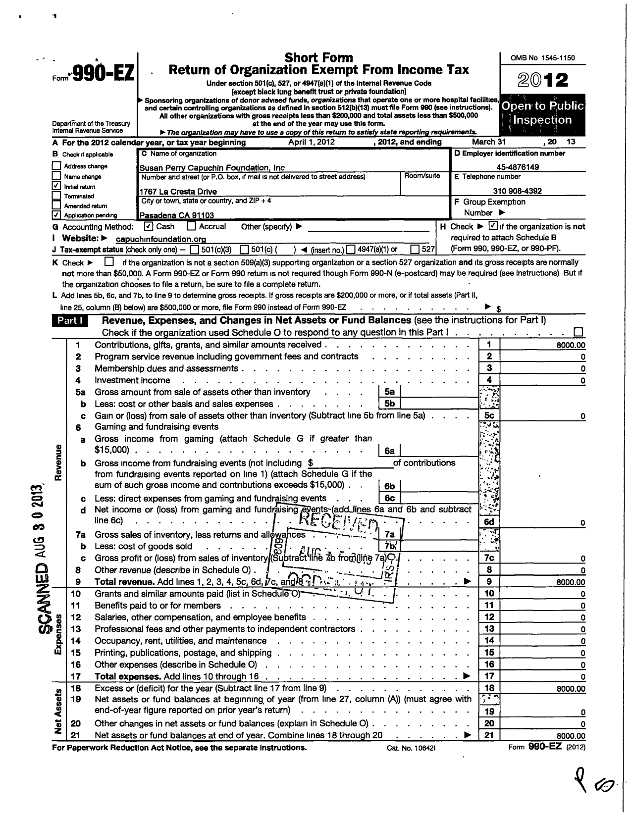 Image of first page of 2012 Form 990EO for Wild Capuchin Foundation