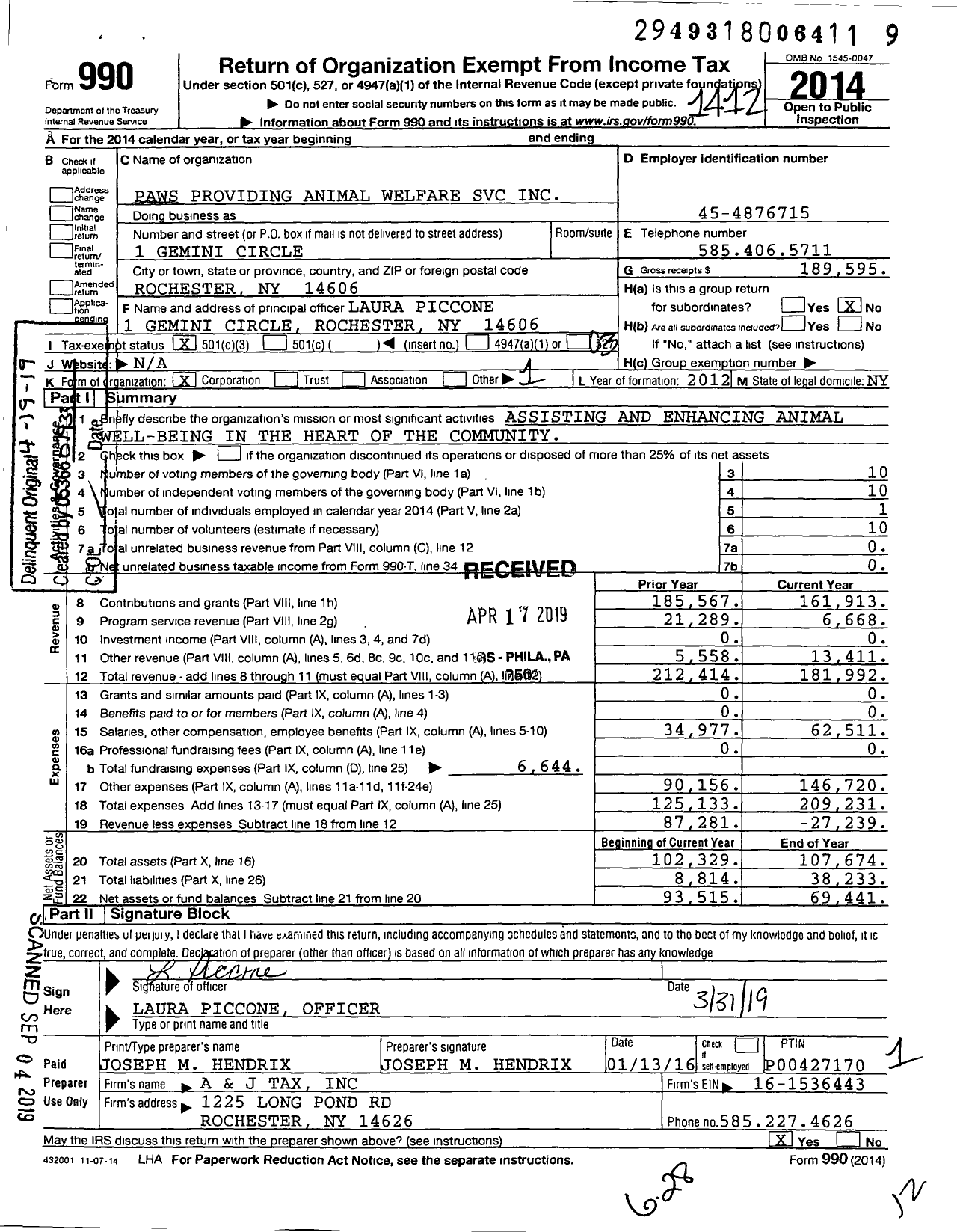 Image of first page of 2014 Form 990 for PAWS Providing Animal Welfare Service