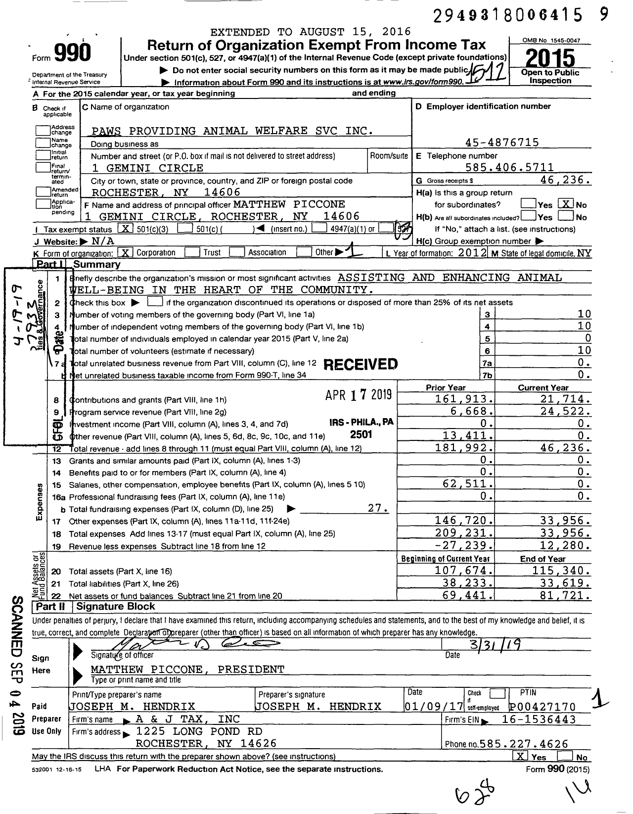 Image of first page of 2015 Form 990 for PAWS Providing Animal Welfare Service