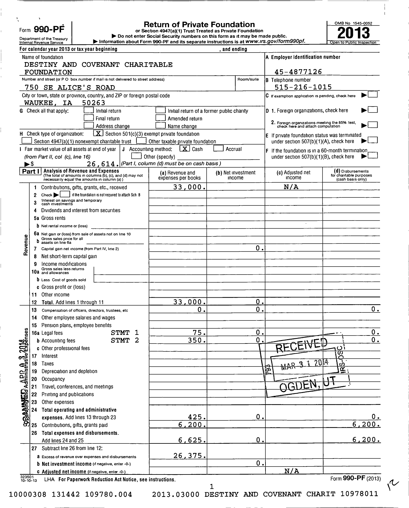 Image of first page of 2013 Form 990PF for Covenant Charitable Foundation