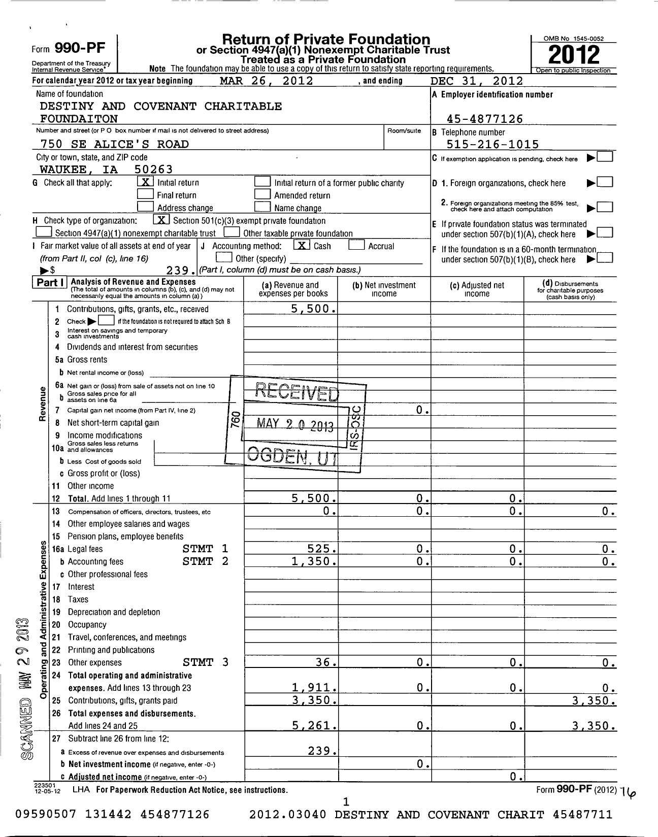 Image of first page of 2012 Form 990PF for Covenant Charitable Foundation