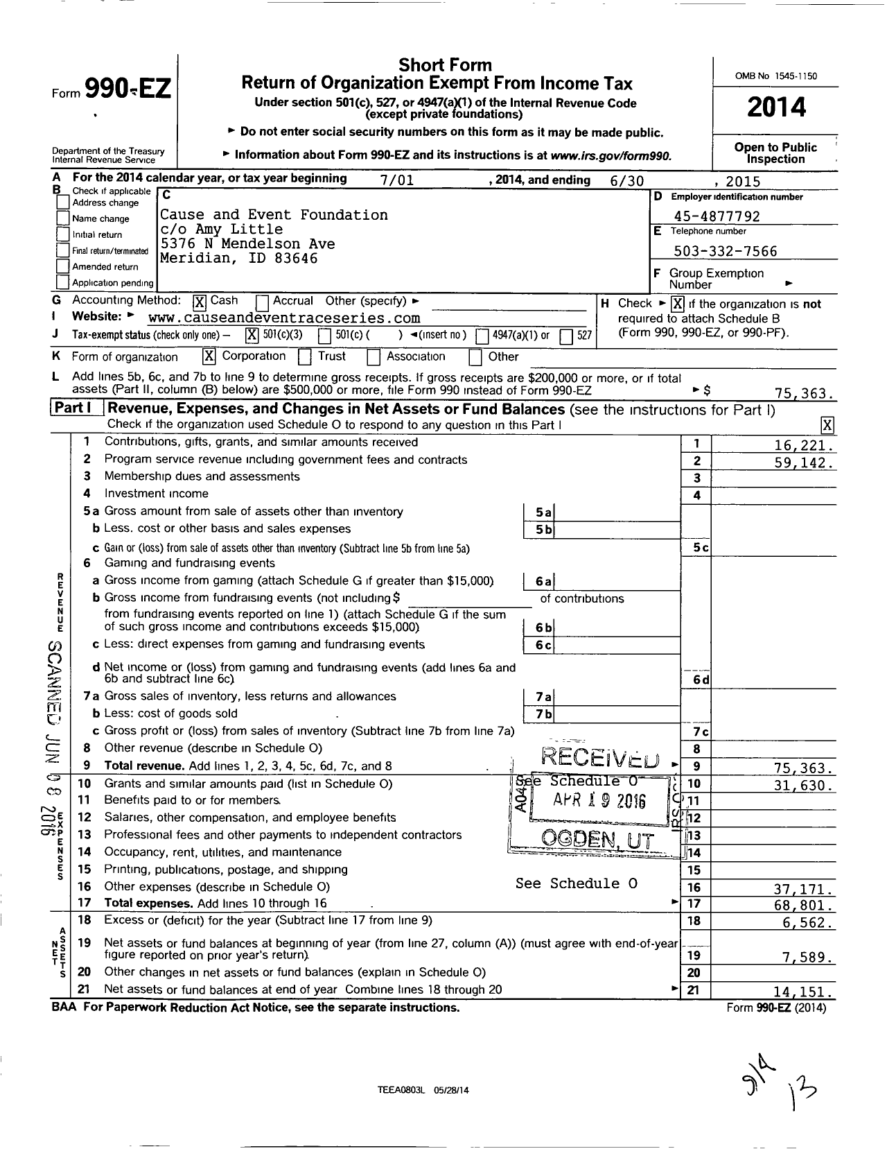 Image of first page of 2014 Form 990EZ for Cause and Event Foundation