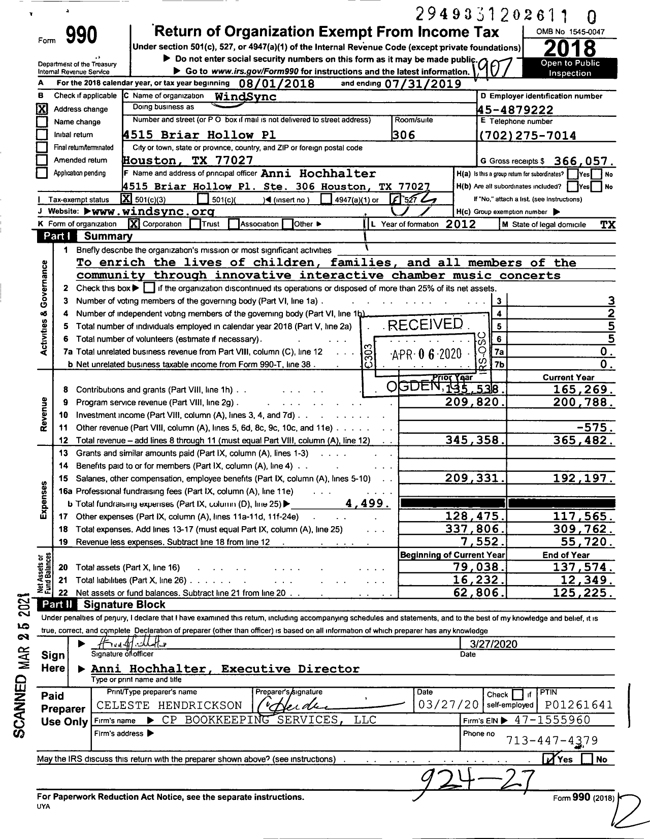 Image of first page of 2018 Form 990 for WindSync