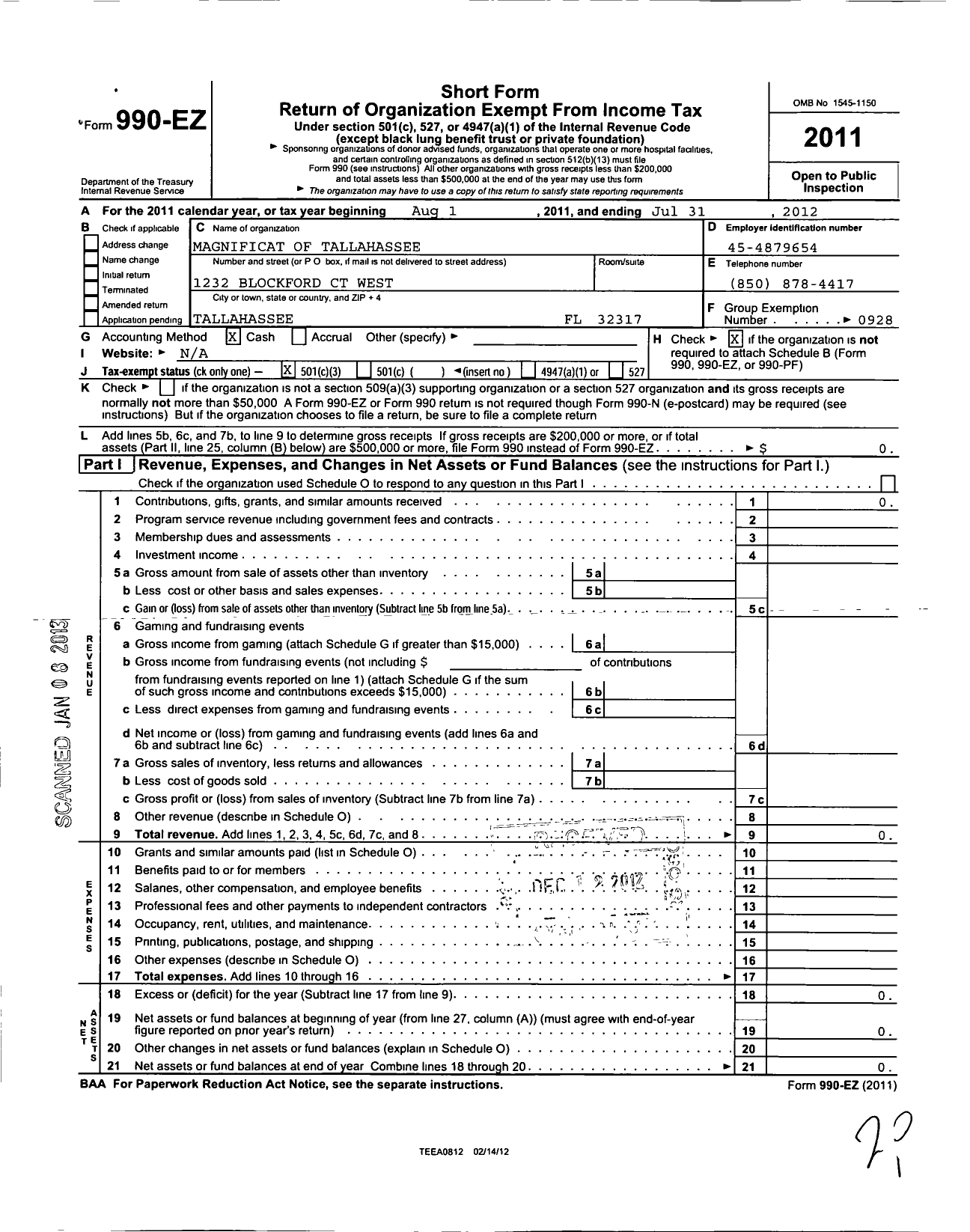 Image of first page of 2011 Form 990EZ for Magnificat of Tallahassee