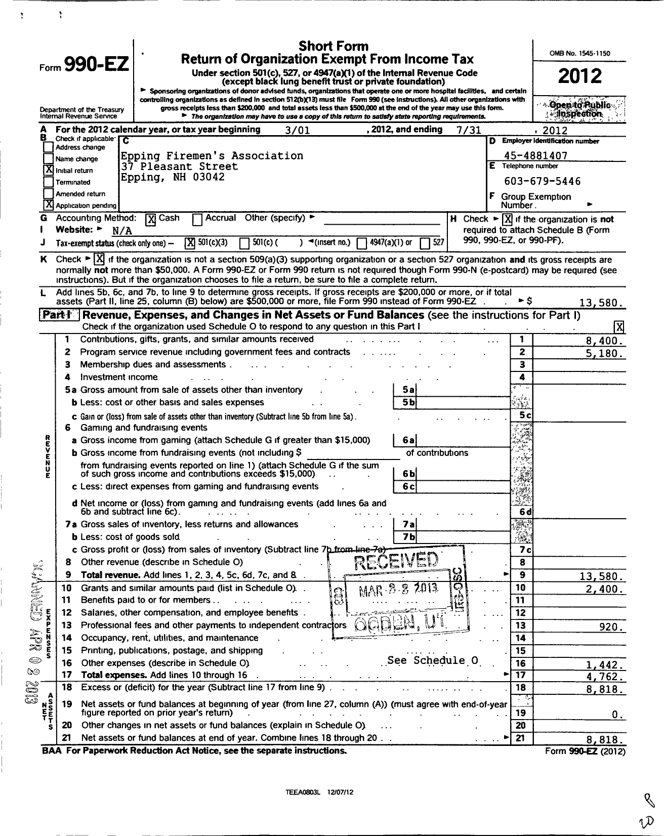 Image of first page of 2011 Form 990EZ for Epping Firemens Association