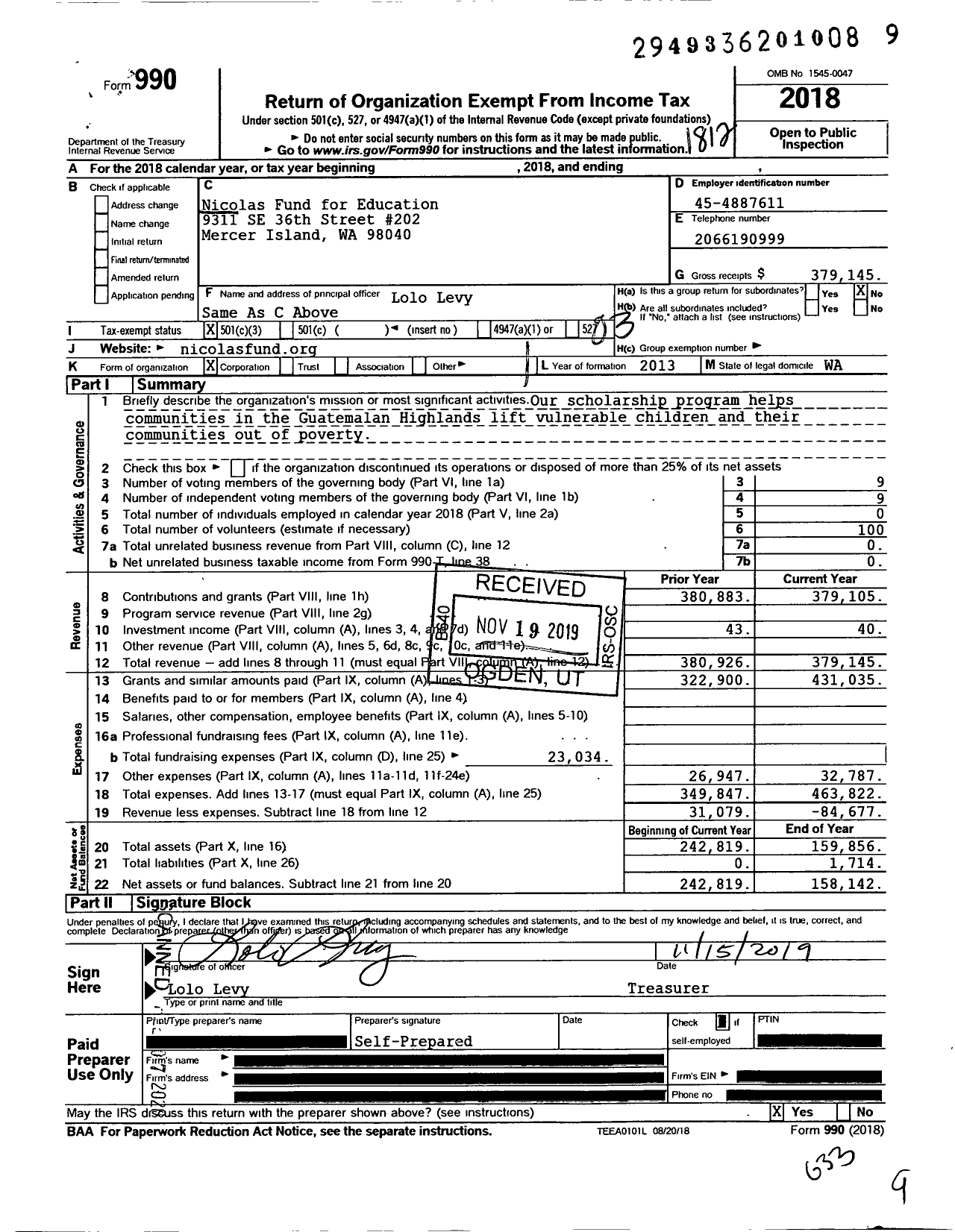 Image of first page of 2018 Form 990 for Nicolas Fund for Education