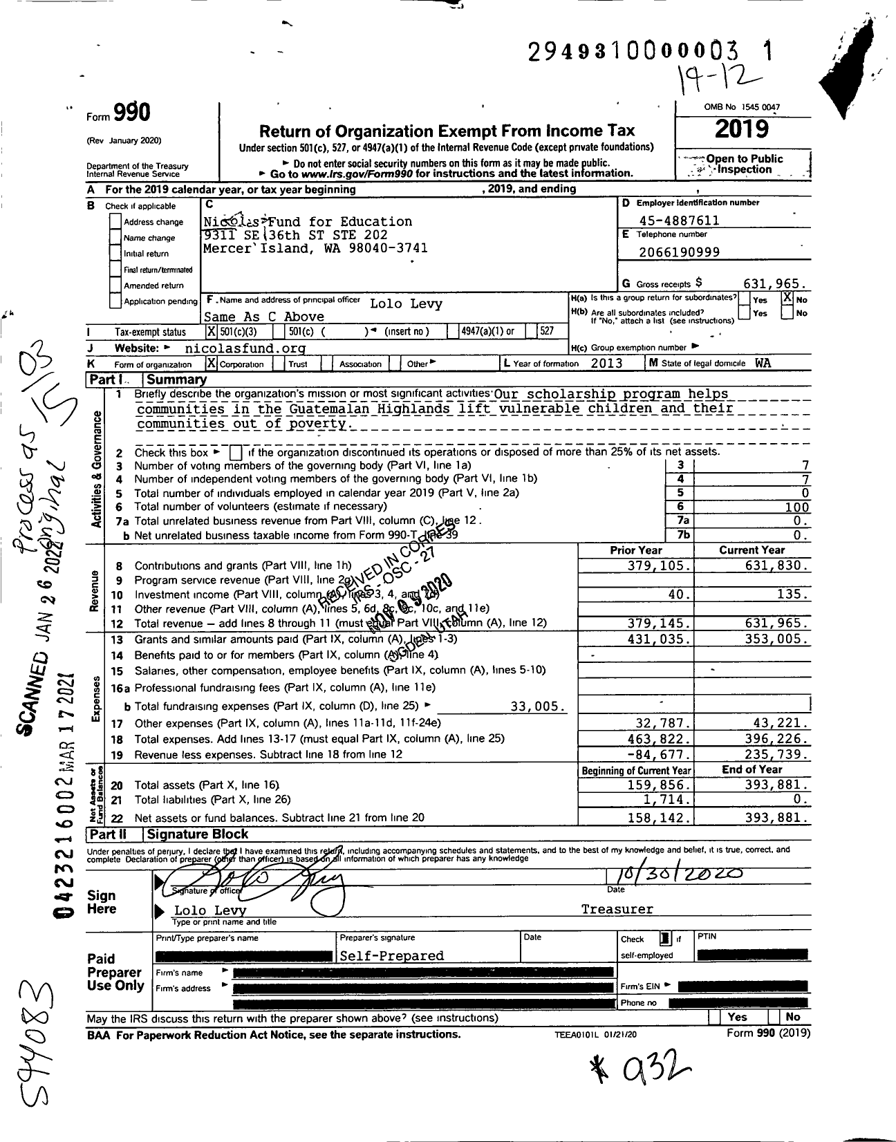 Image of first page of 2019 Form 990 for Nicolas Fund for Education