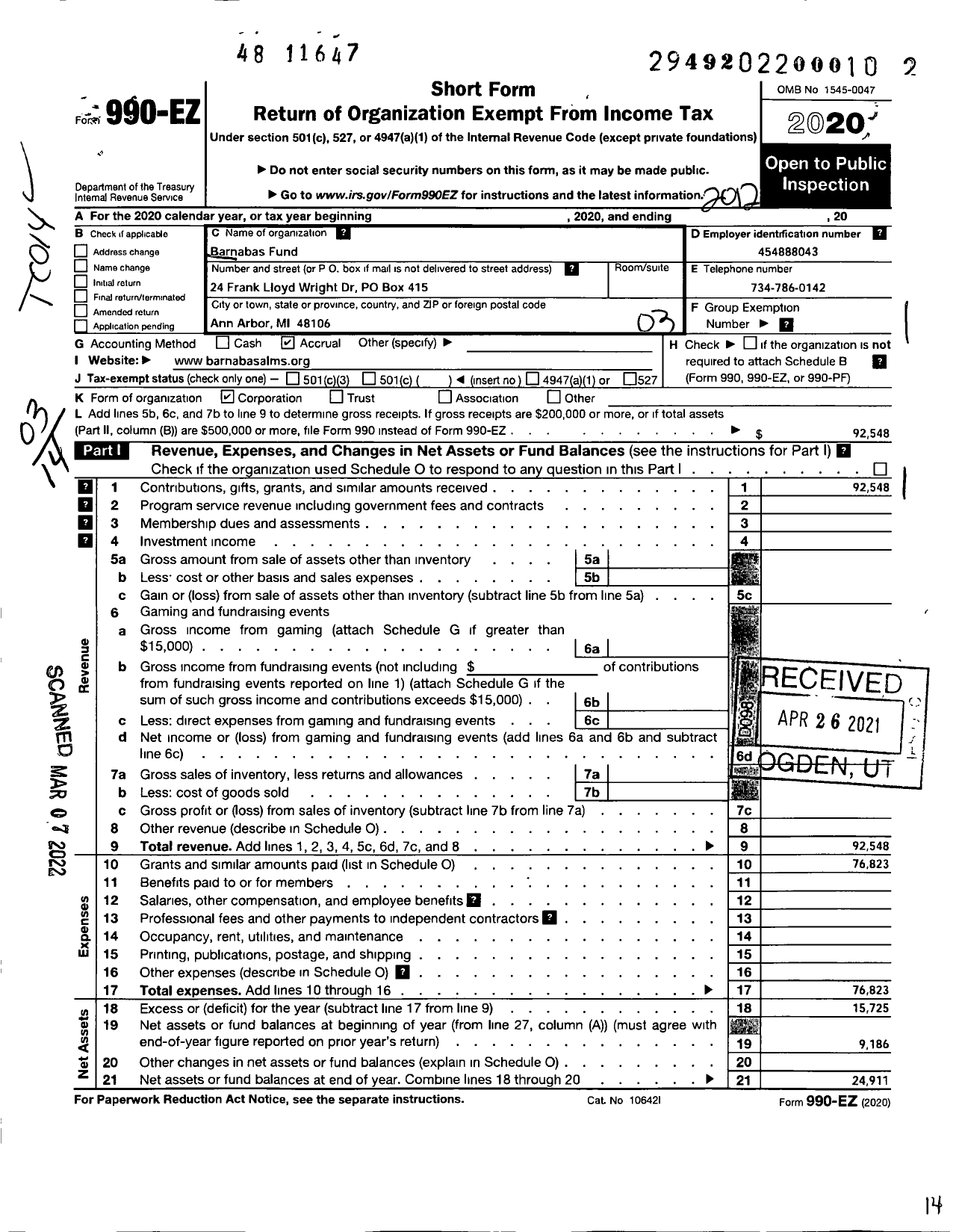 Image of first page of 2020 Form 990EZ for Barnabas Fund