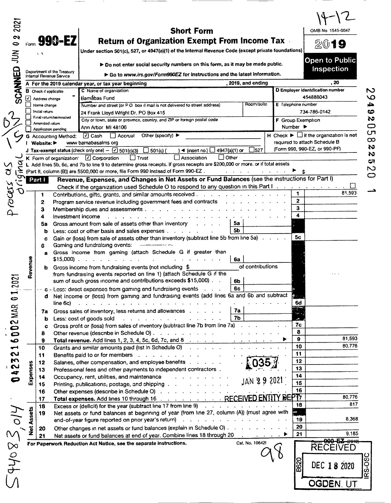 Image of first page of 2019 Form 990EZ for Barnabas Fund