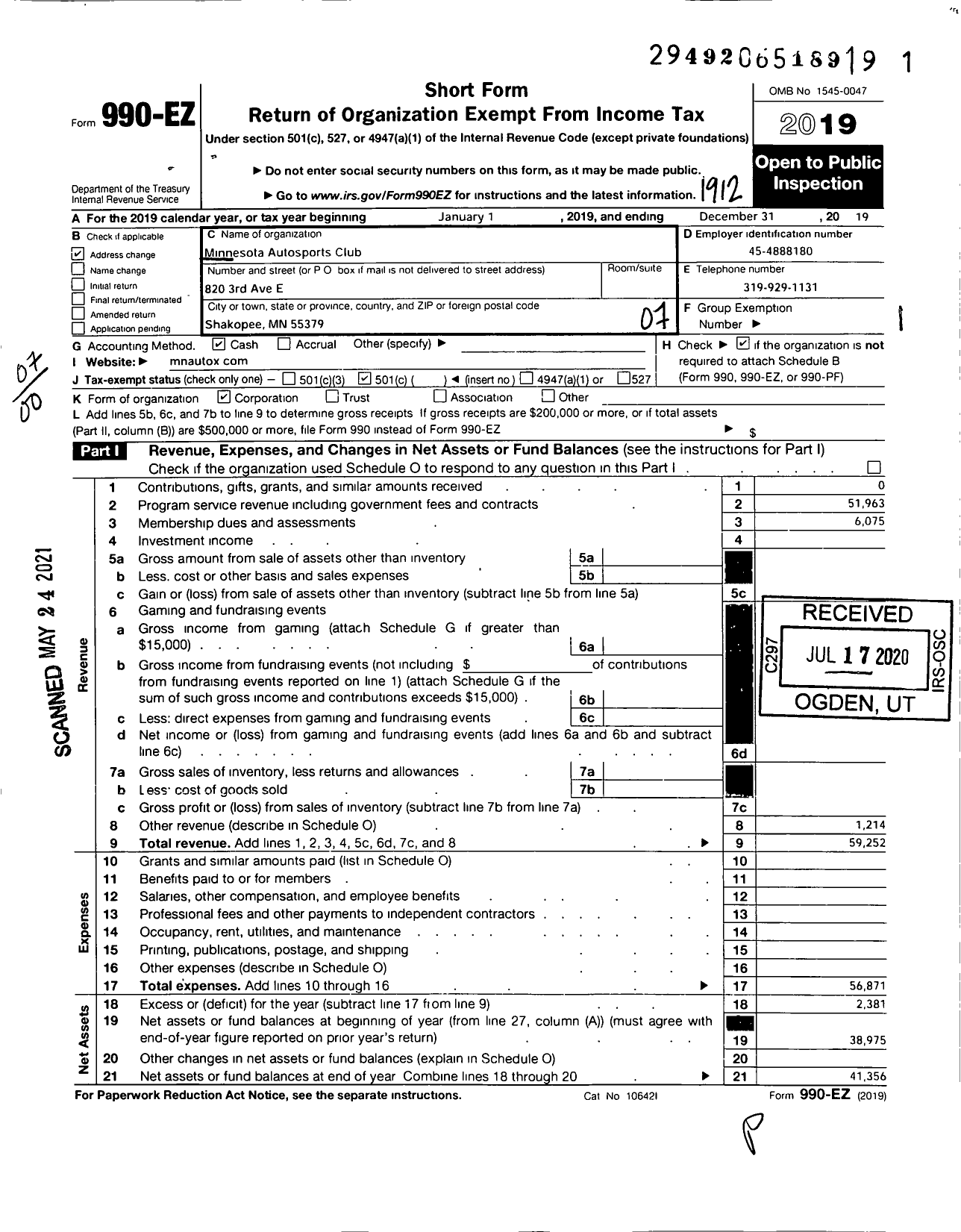 Image of first page of 2019 Form 990EO for Minnesota Autosports Club