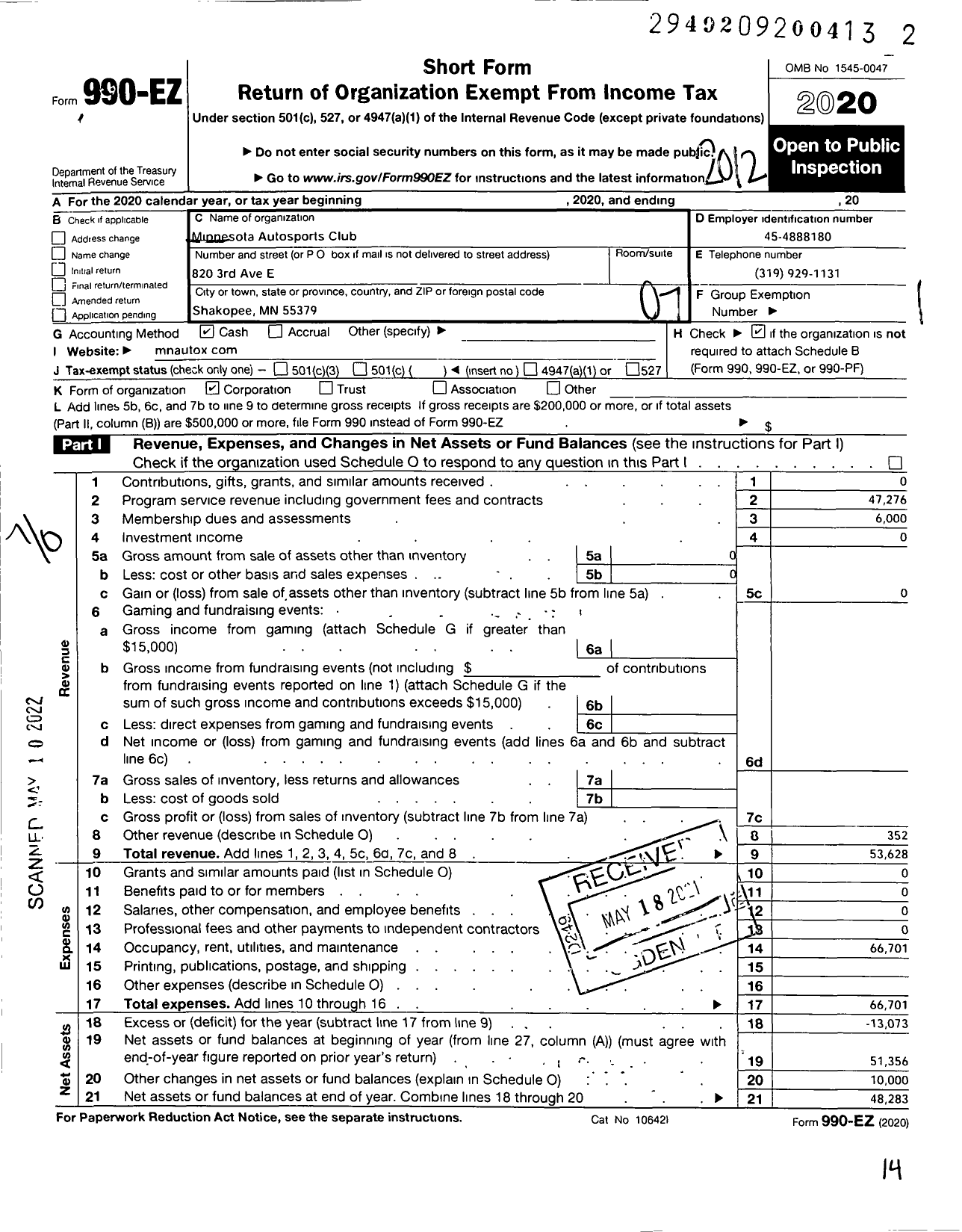 Image of first page of 2020 Form 990EO for Minnesota Autosports Club