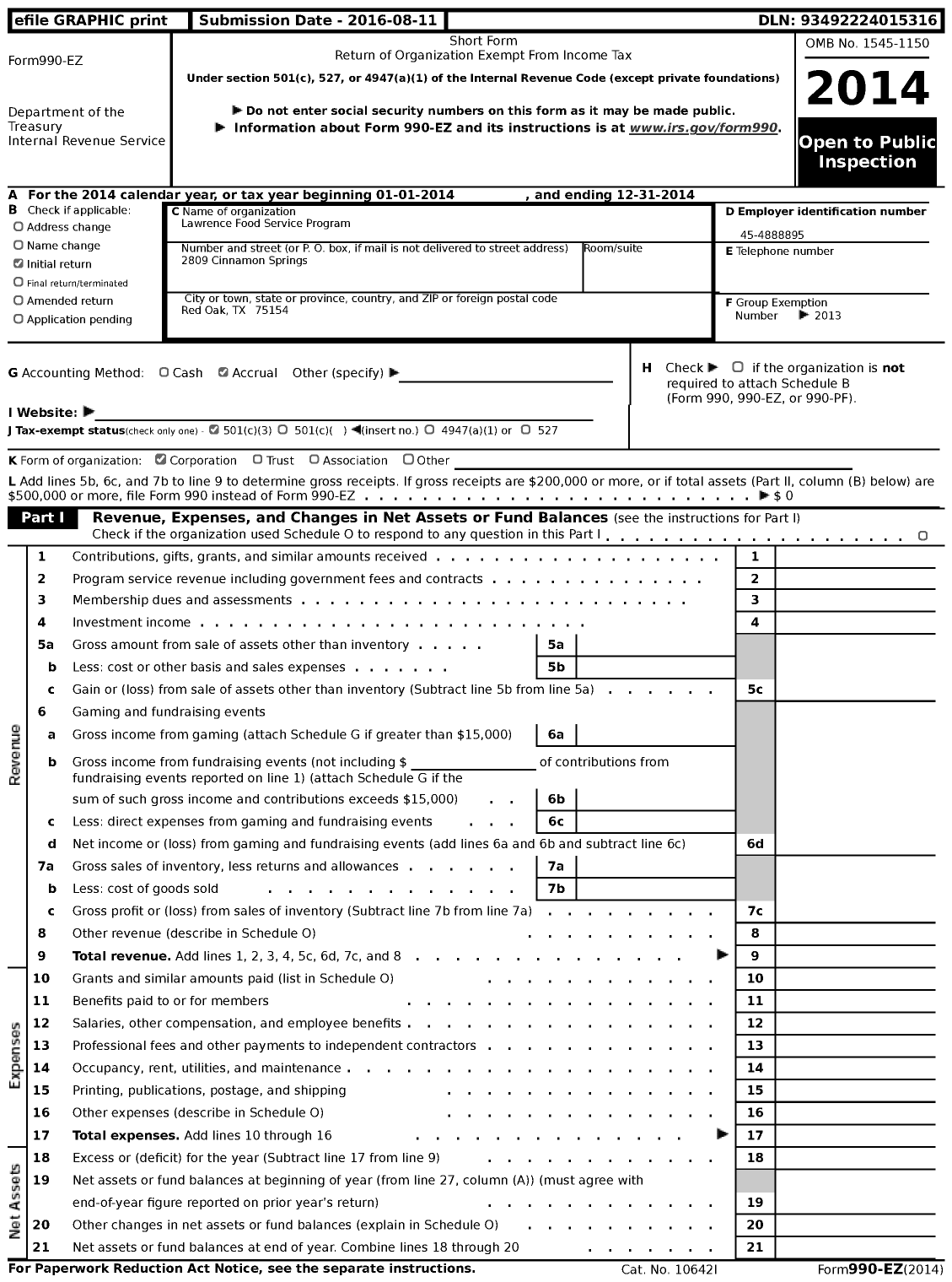 Image of first page of 2014 Form 990EZ for Lawrence Food Service Program