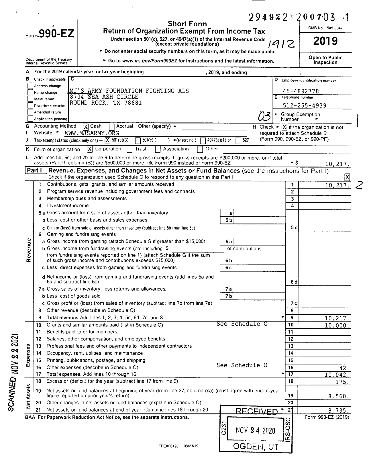 Image of first page of 2019 Form 990EZ for MJS Army Foundation Fighting Als