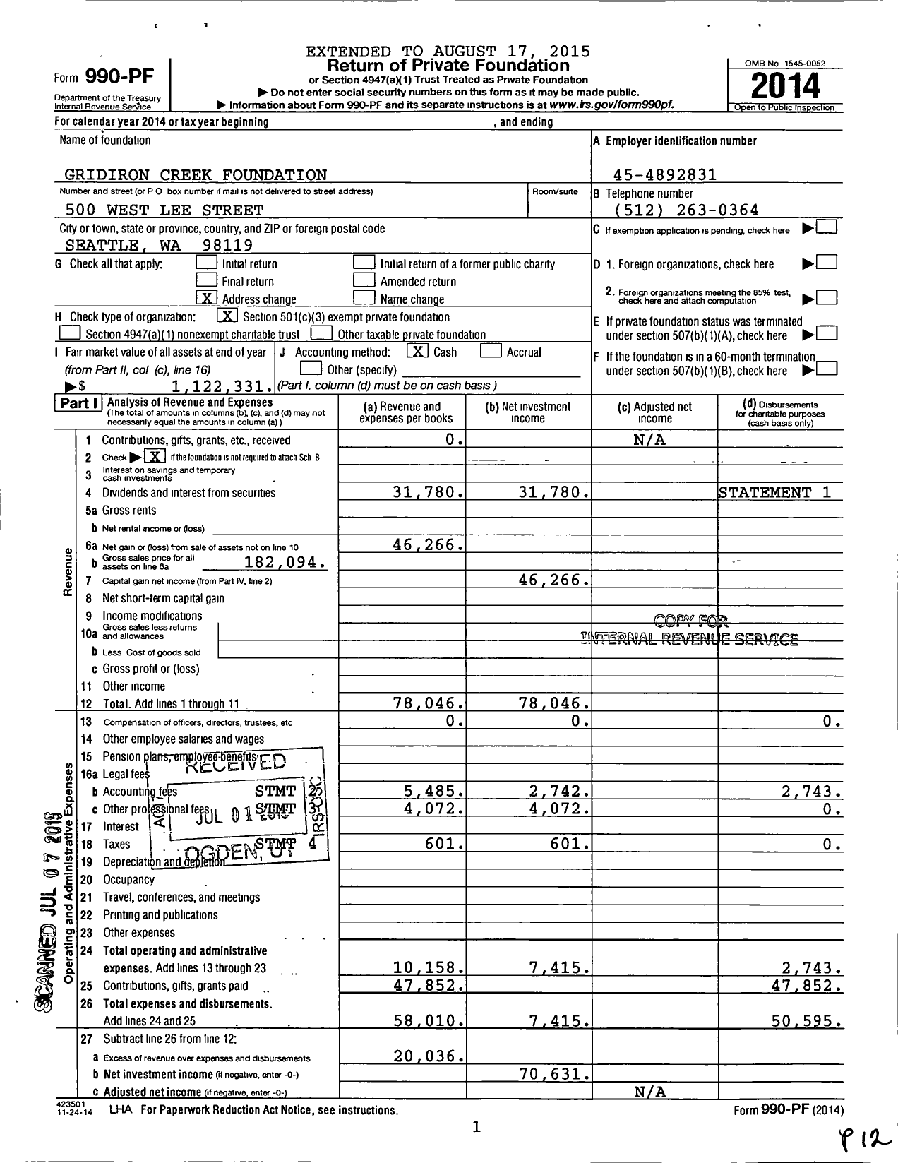 Image of first page of 2014 Form 990PF for Gridiron Creek Foundation
