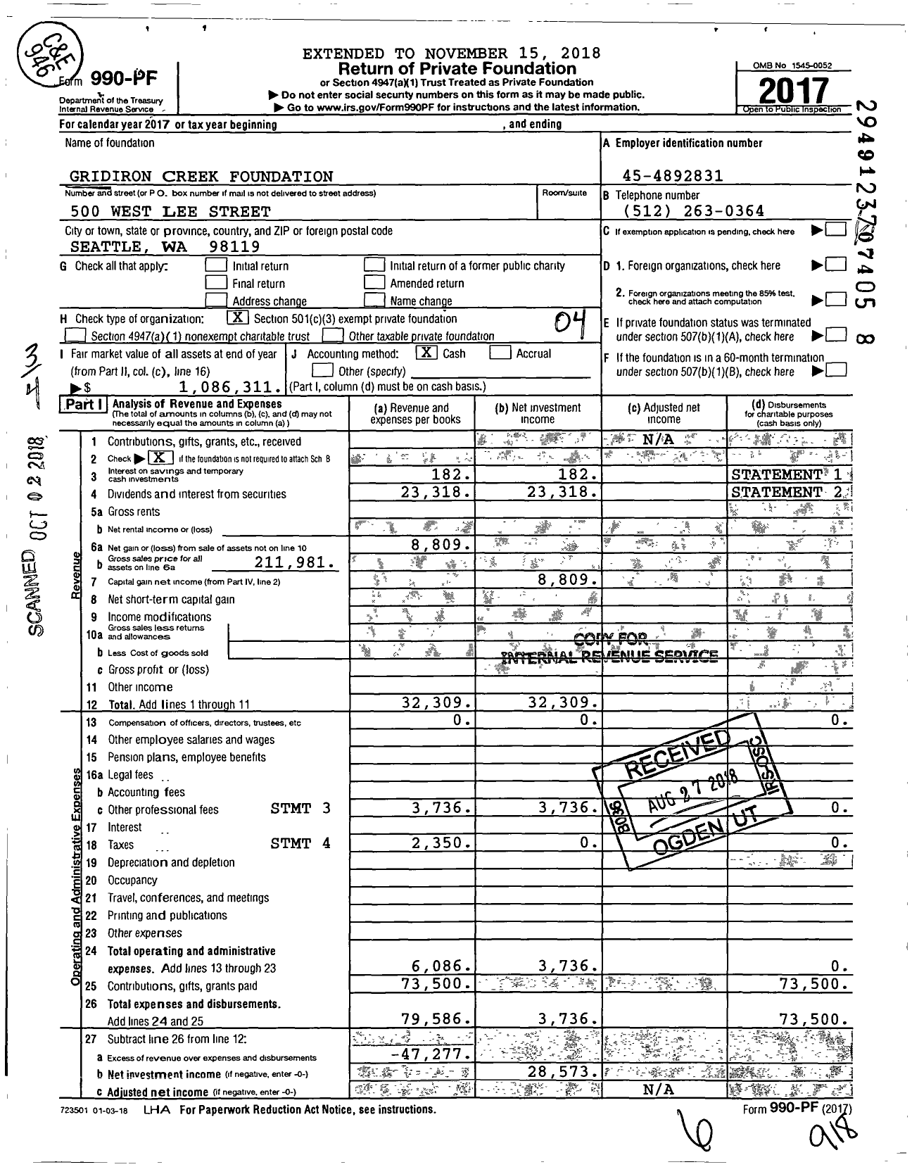 Image of first page of 2017 Form 990PF for Gridiron Creek Foundation