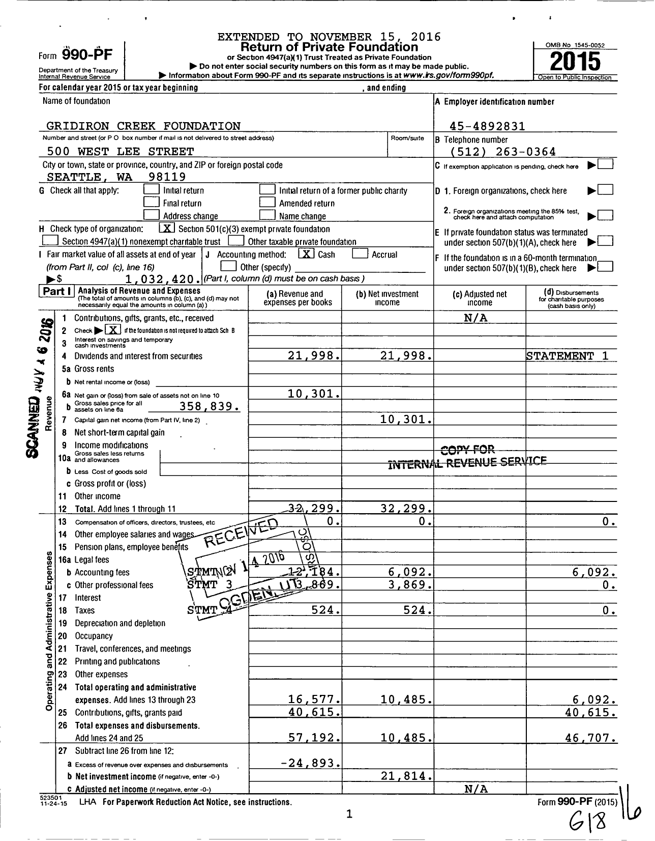 Image of first page of 2015 Form 990PF for Gridiron Creek Foundation