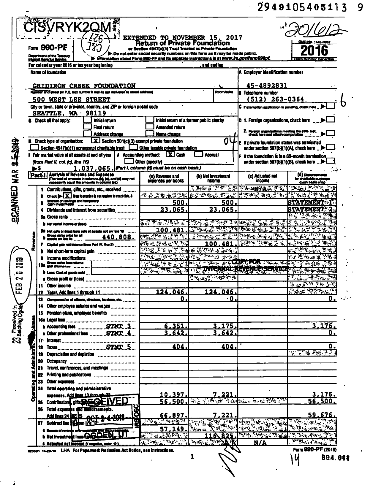 Image of first page of 2016 Form 990PF for Gridiron Creek Foundation
