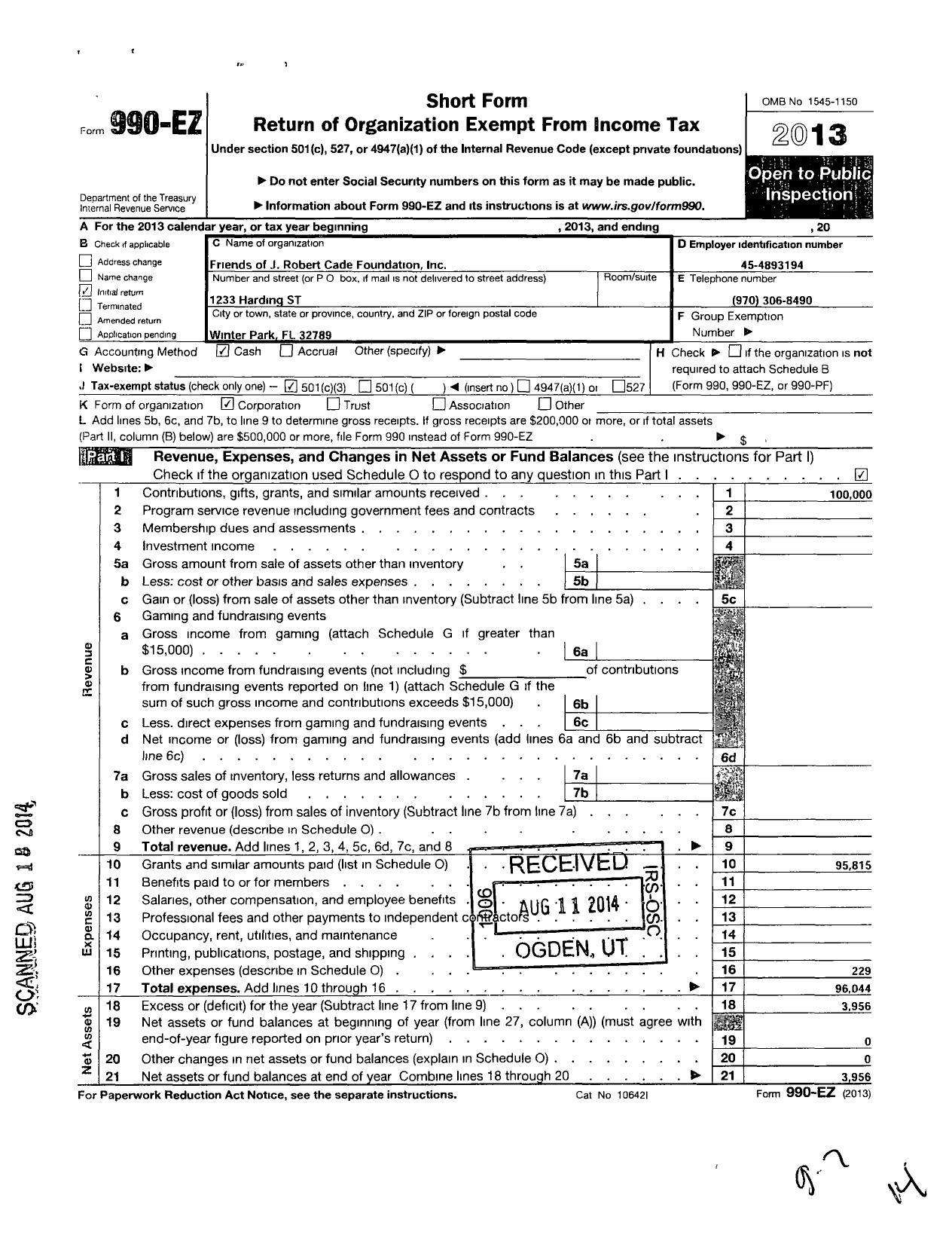 Image of first page of 2013 Form 990EZ for Friends of J Robert Cade Foundation