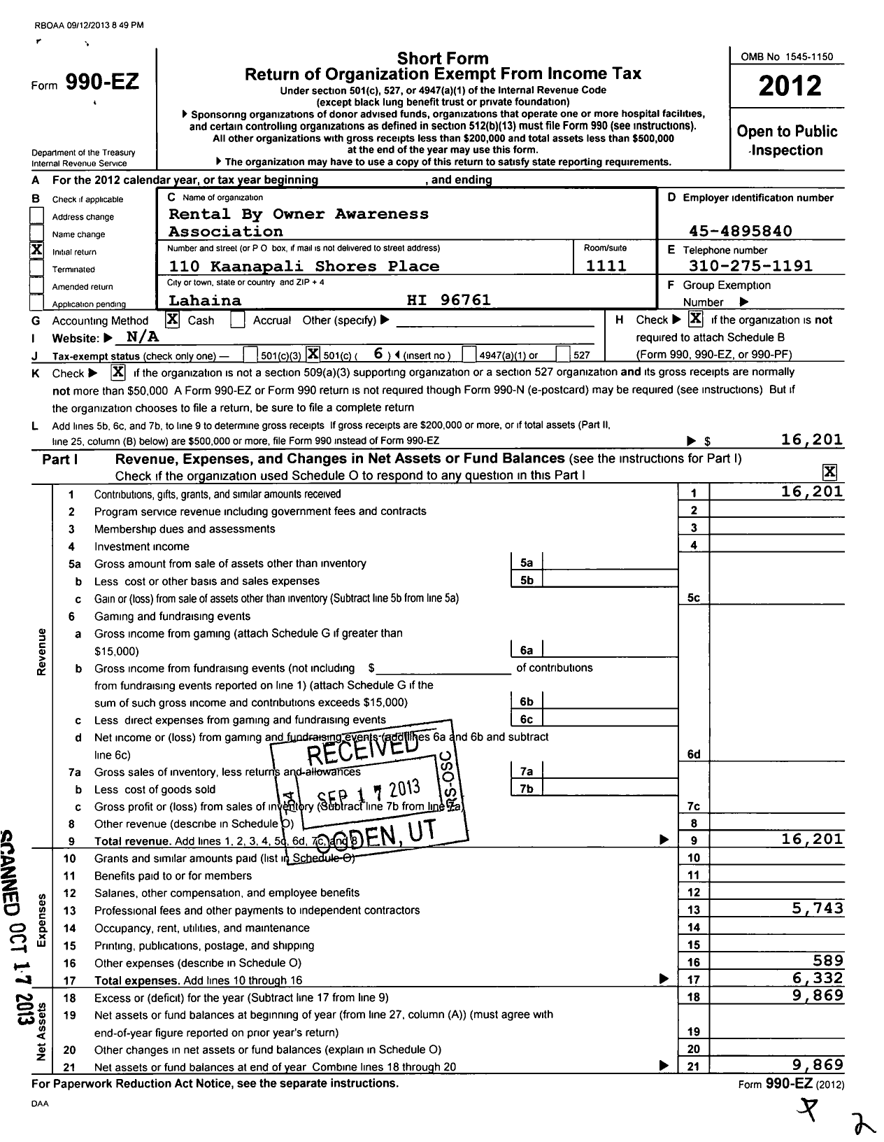Image of first page of 2012 Form 990EO for Rental By Owner Awareness Association (RBOAA)