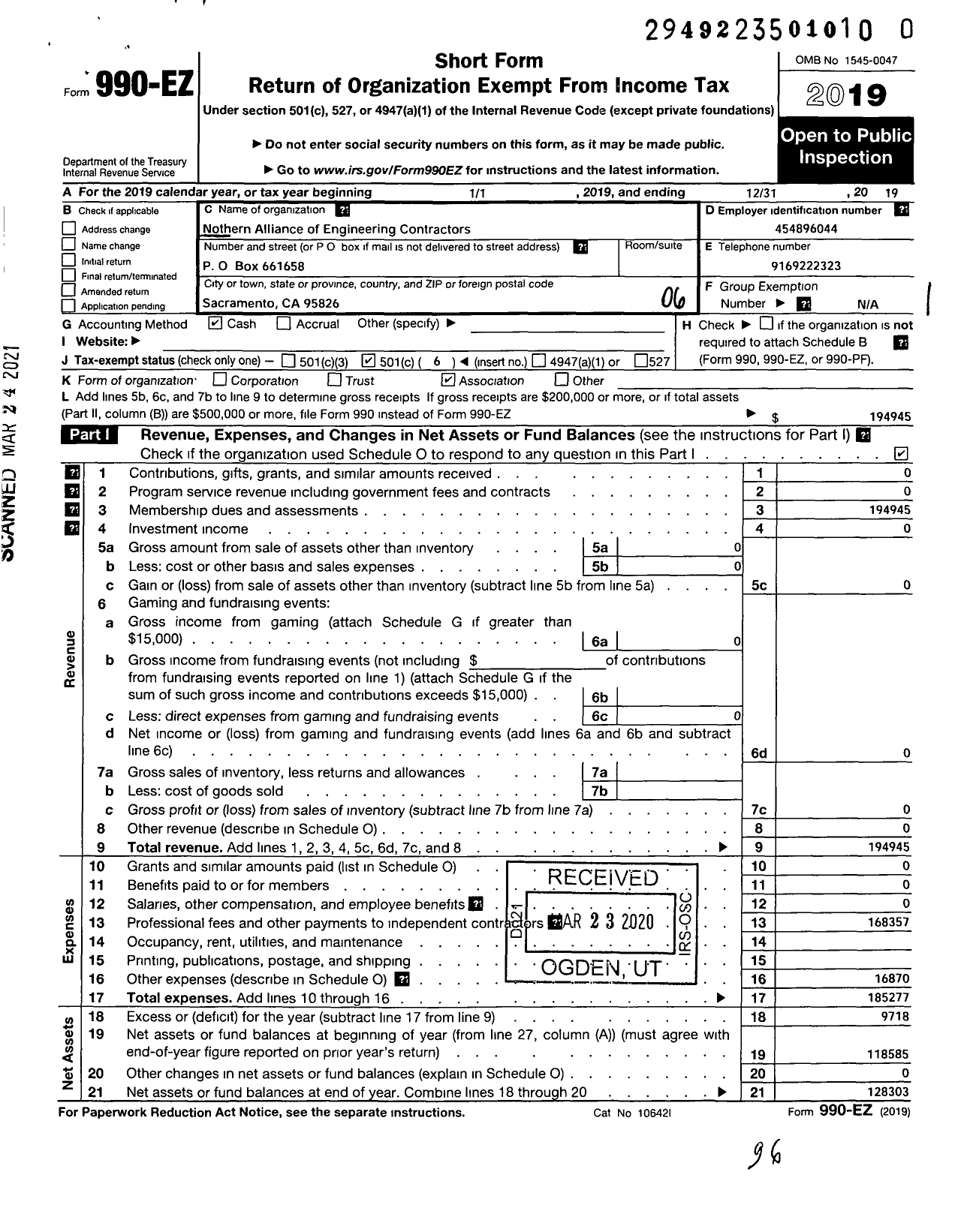 Image of first page of 2019 Form 990EO for Northern Alliance of Engineering Contractoirs