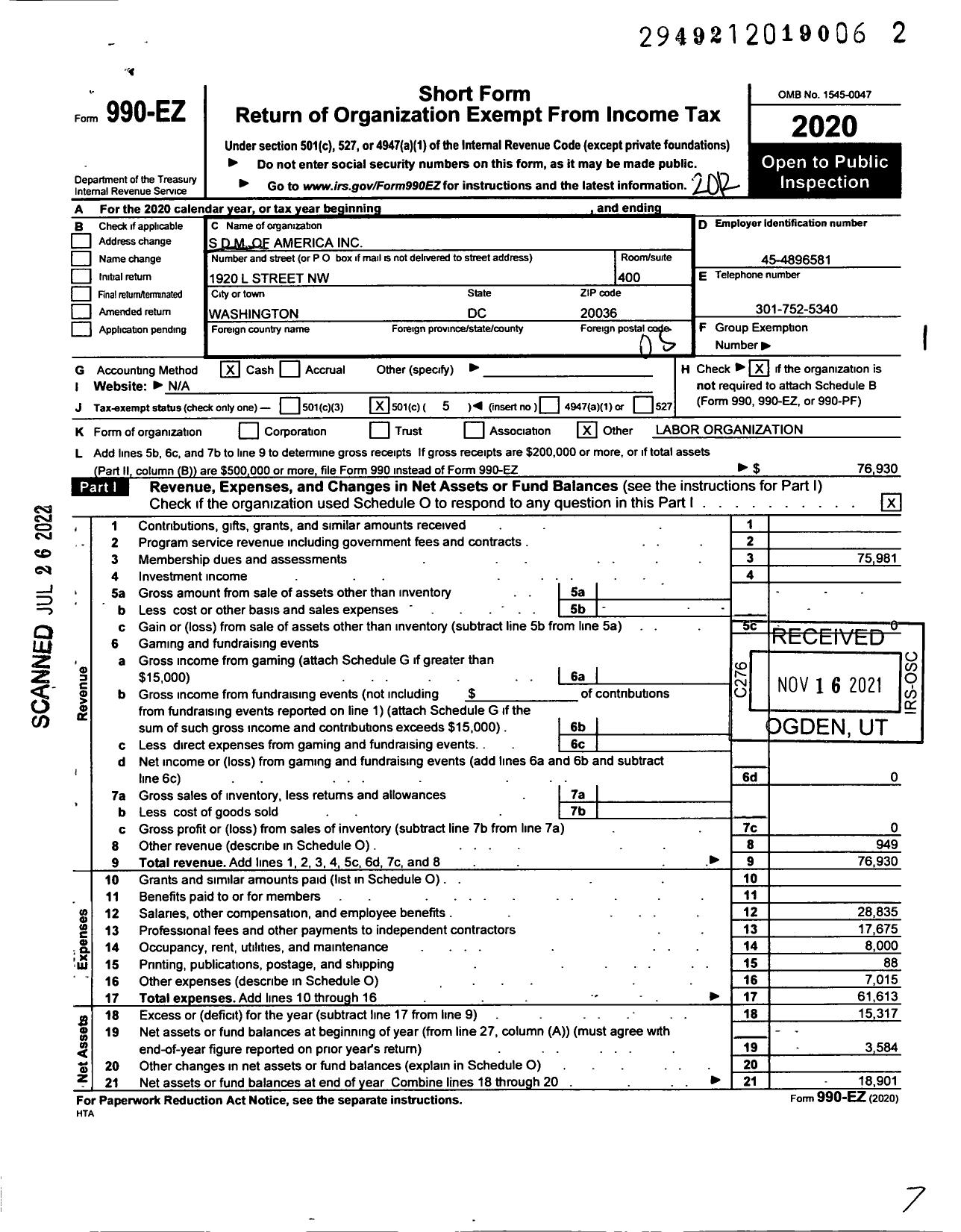 Image of first page of 2020 Form 990EO for SDM of America