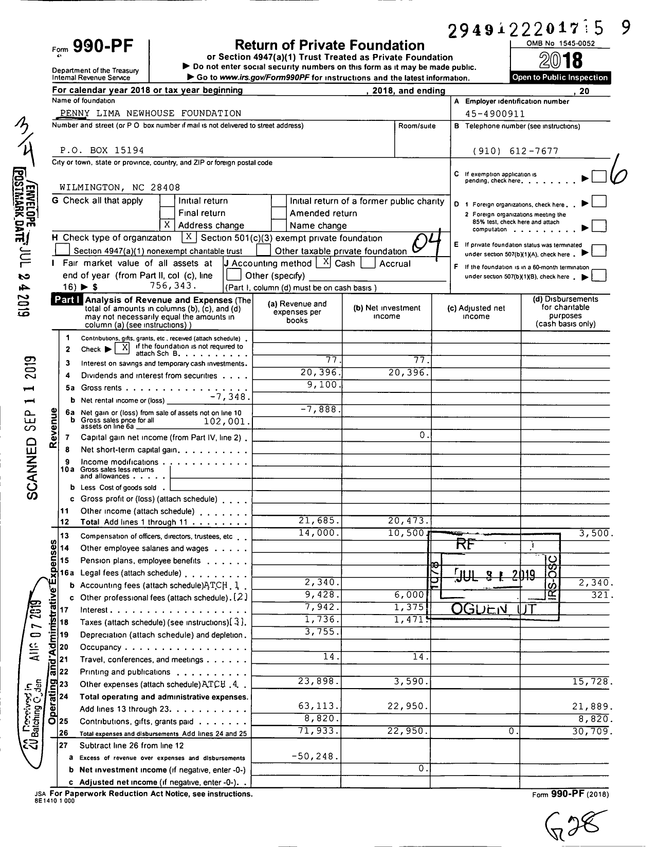 Image of first page of 2018 Form 990PF for Penny Lima Newhouse Foundation