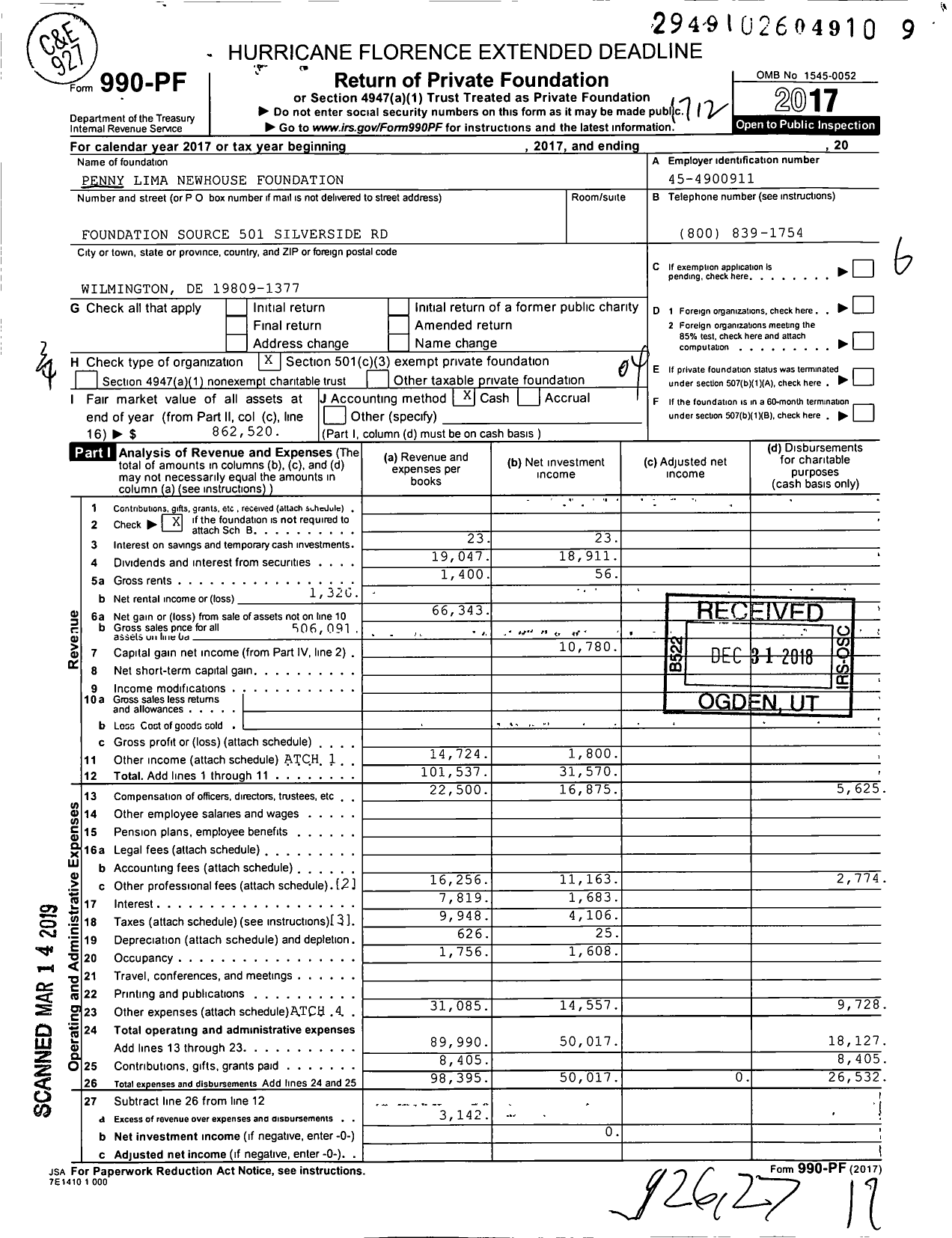 Image of first page of 2017 Form 990PF for Penny Lima Newhouse Foundation