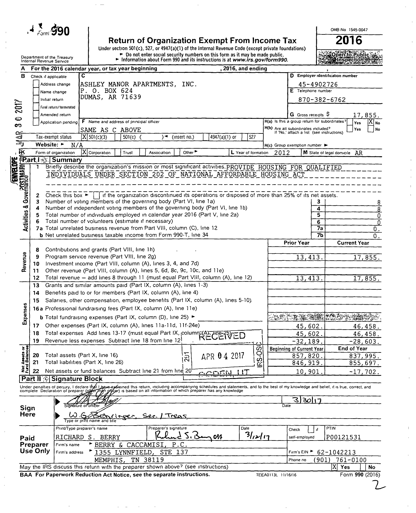 Image of first page of 2016 Form 990 for Ashley Manor Apartments