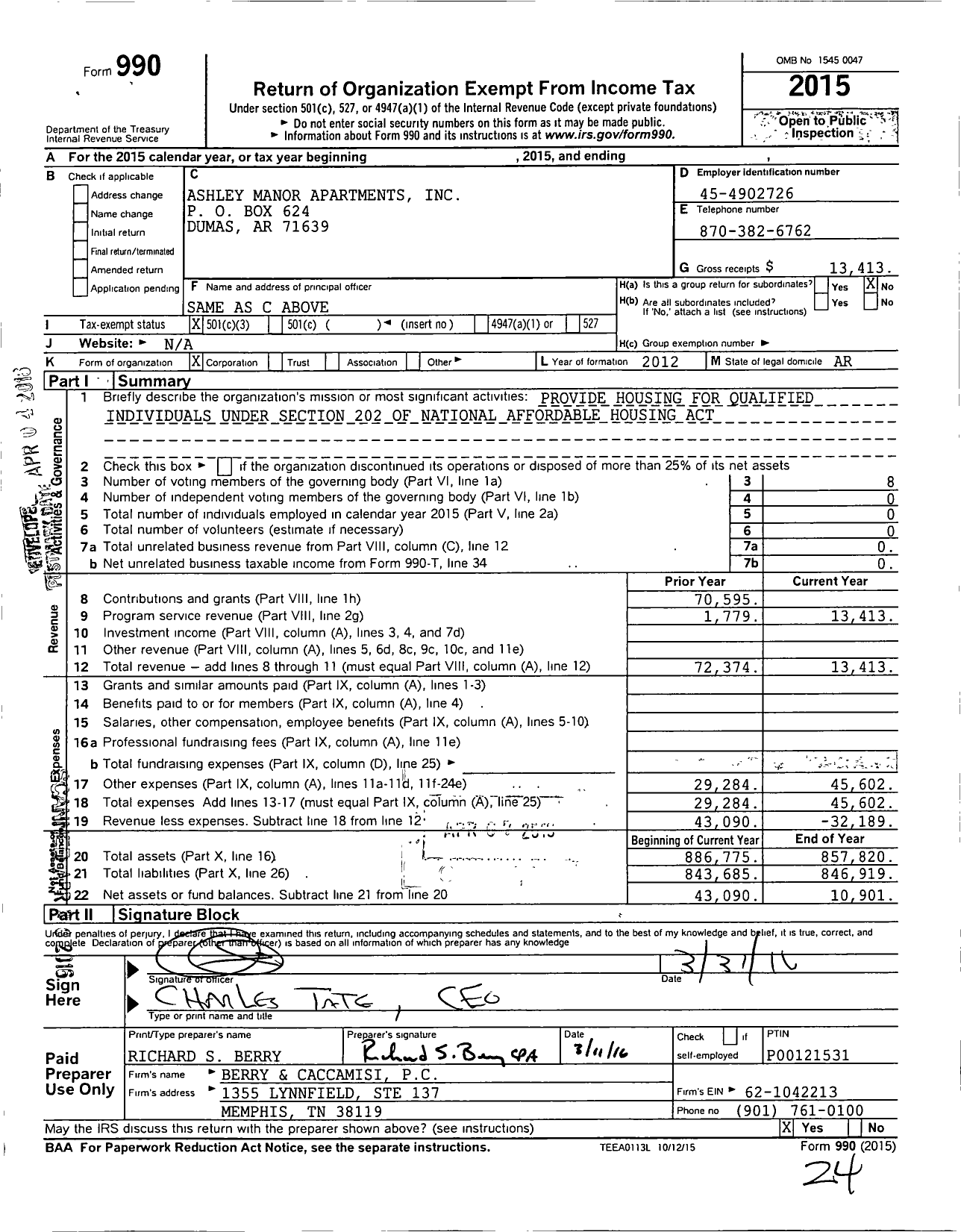 Image of first page of 2015 Form 990 for Ashley Manor Apartments