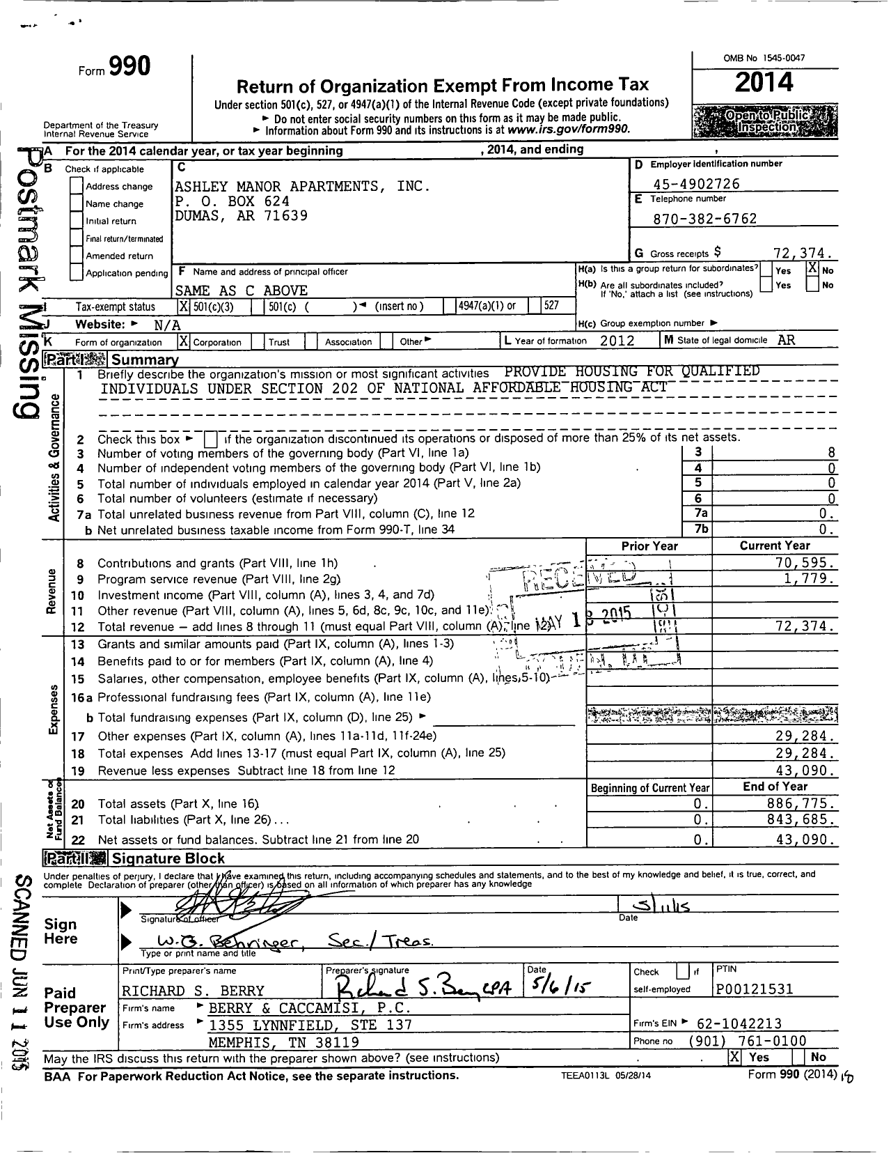 Image of first page of 2014 Form 990 for Ashley Manor Apartments