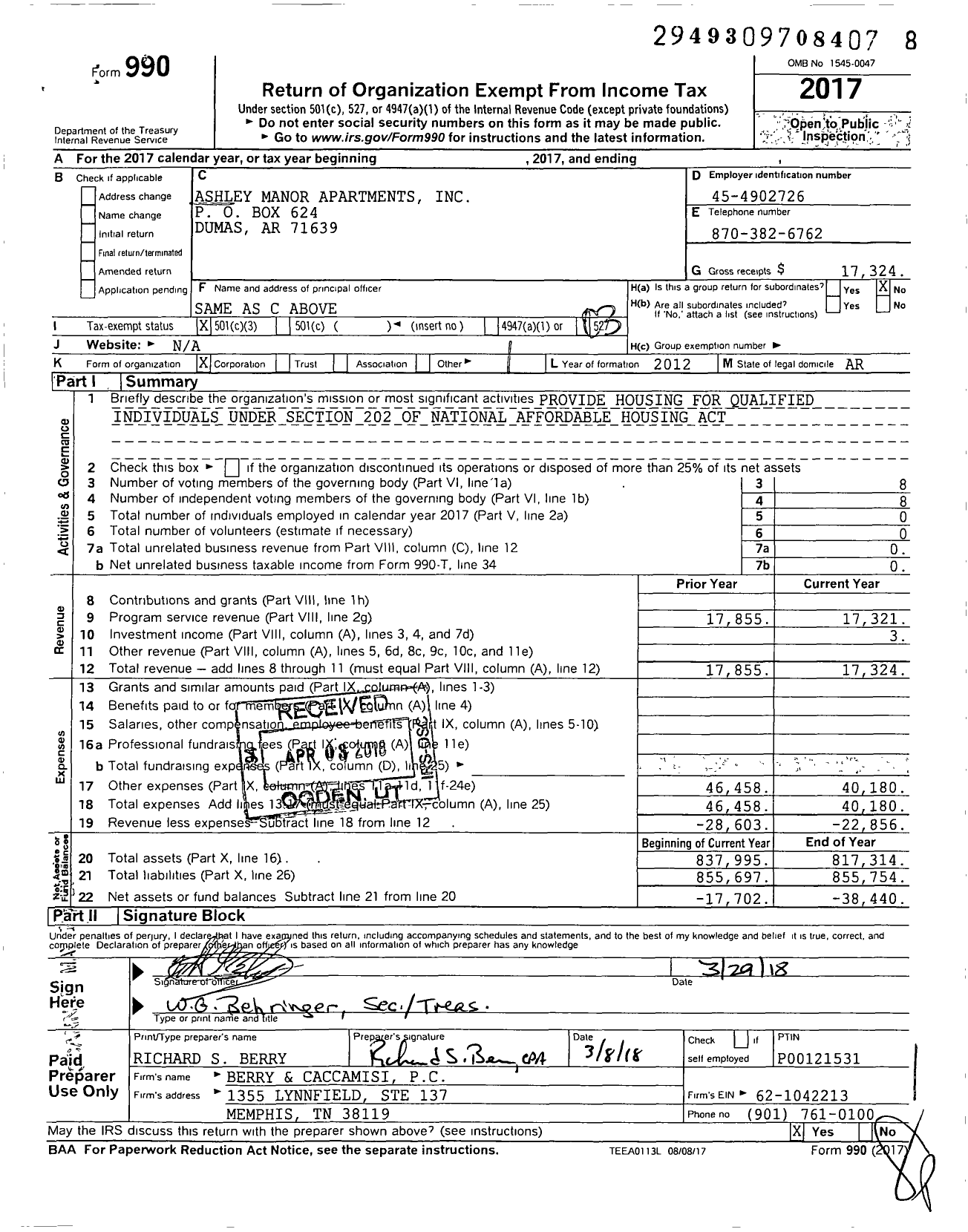 Image of first page of 2017 Form 990 for Ashley Manor Apartments