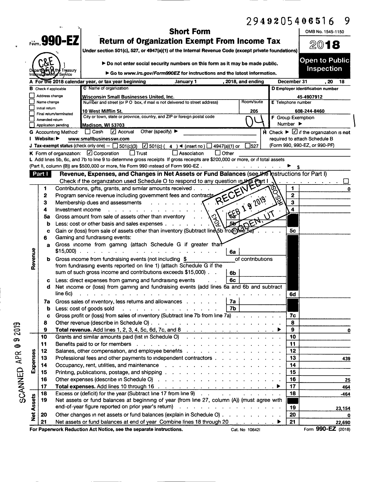 Image of first page of 2018 Form 990EO for Wisconsin Small Businesses United