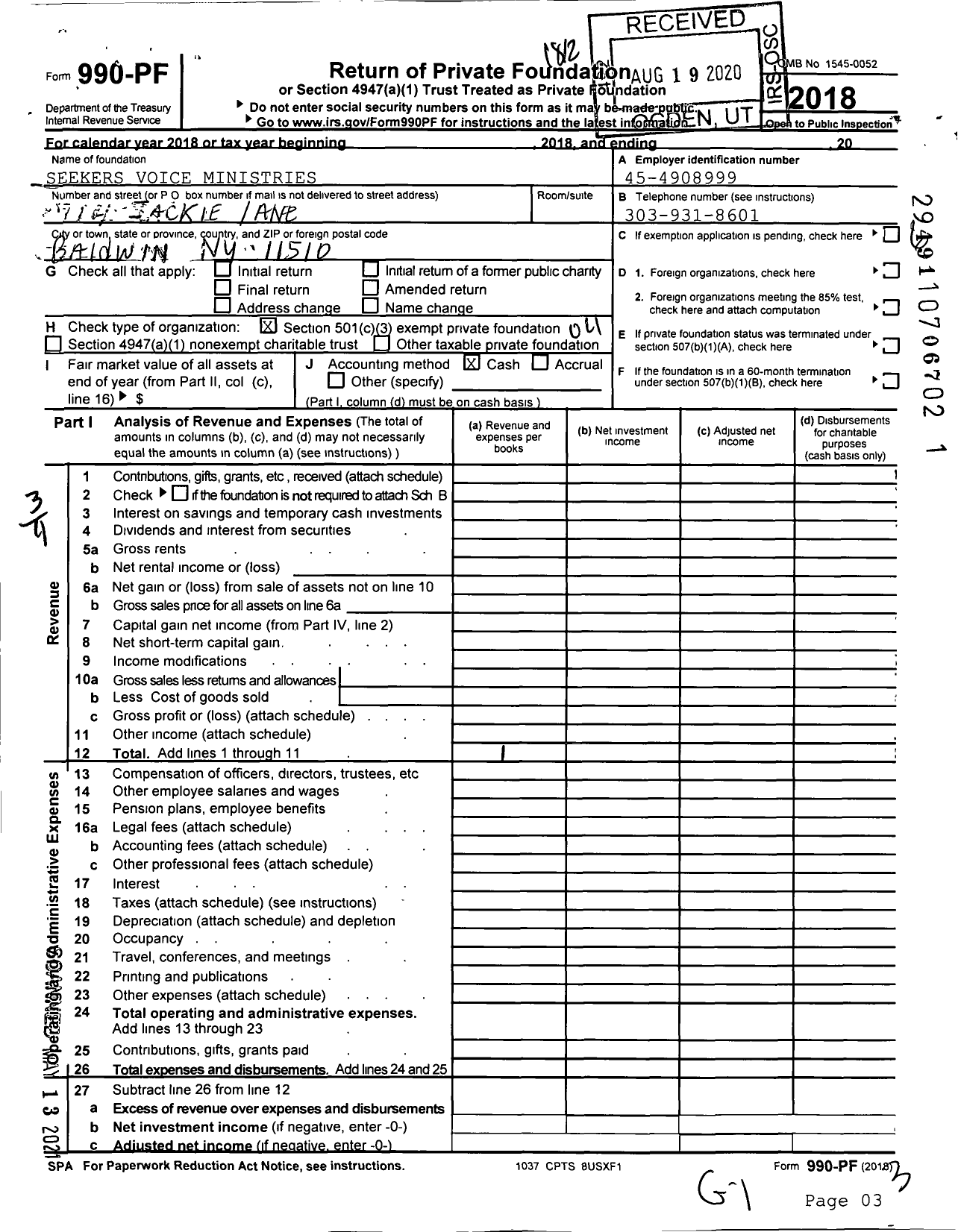 Image of first page of 2018 Form 990PF for Seekers Voice Ministries