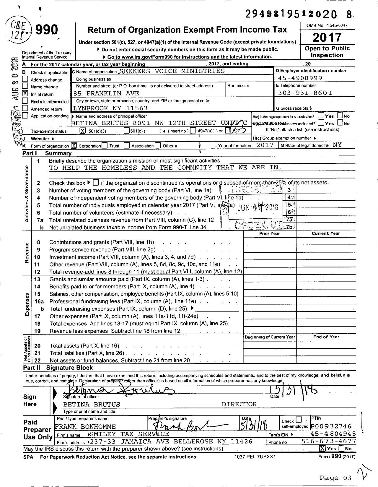 Image of first page of 2017 Form 990 for Seekers Voice Ministries