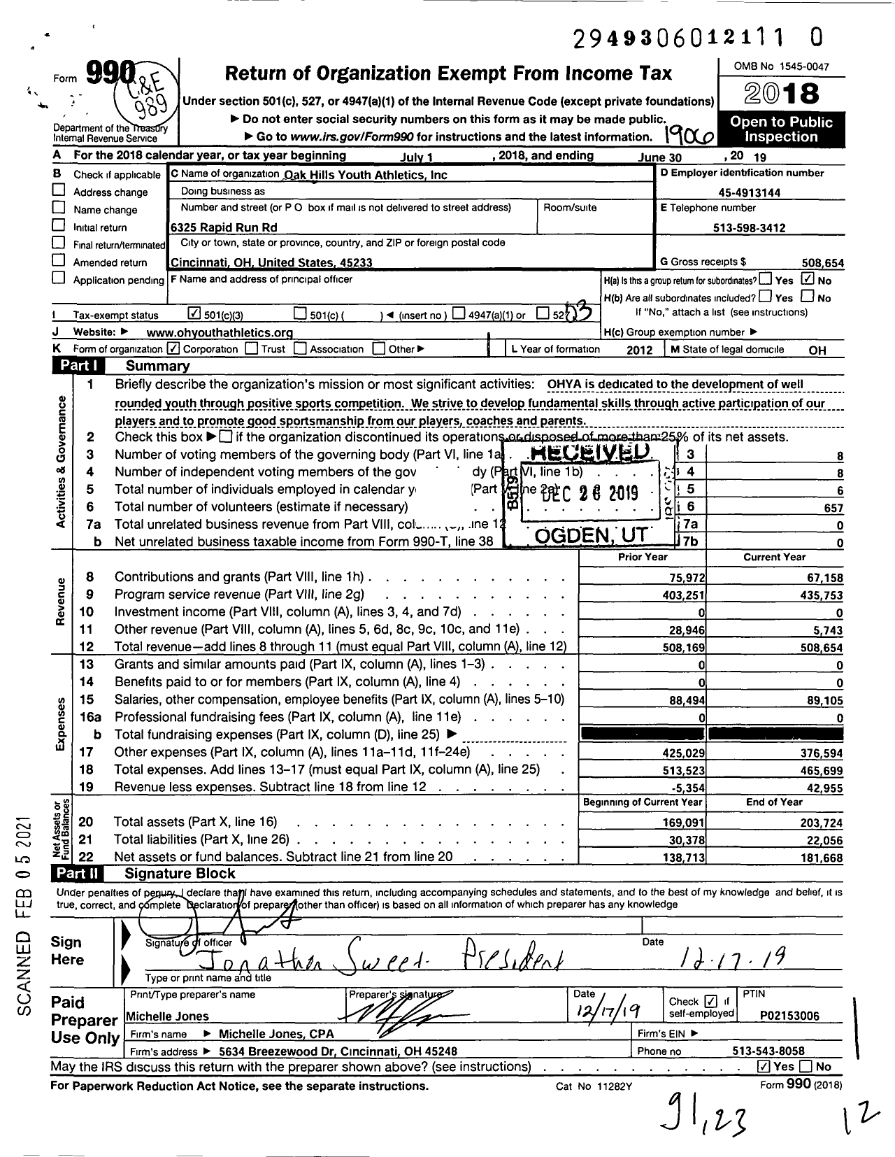 Image of first page of 2018 Form 990 for Oak Hills Youth Athletics