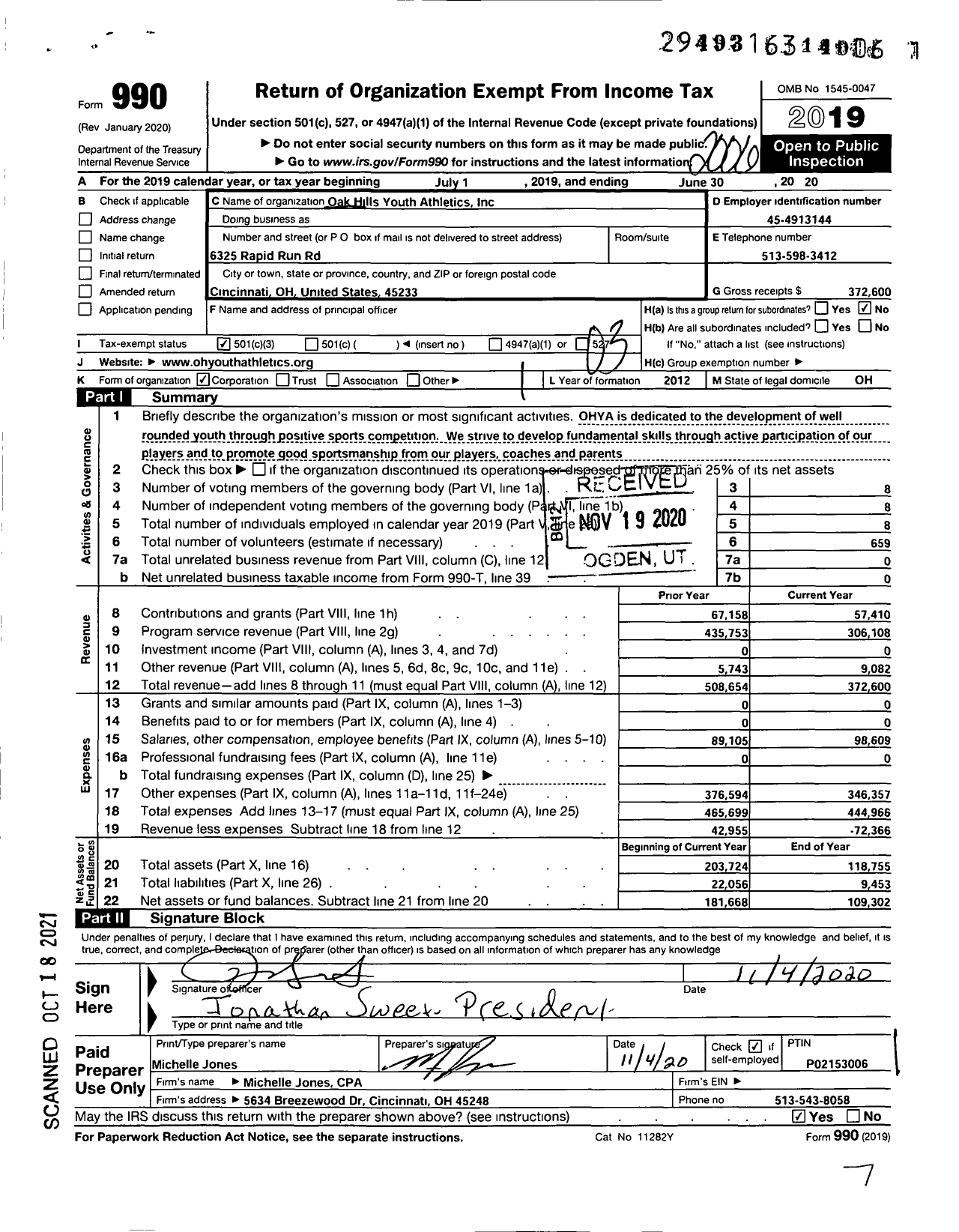 Image of first page of 2019 Form 990 for Oak Hills Youth Athletics