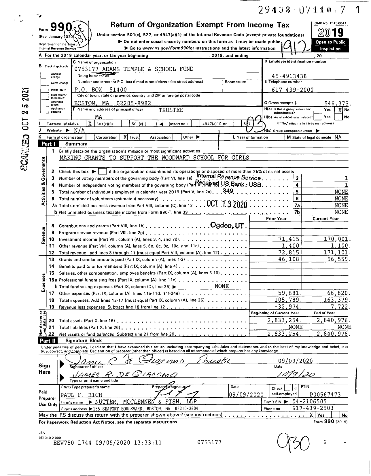 Image of first page of 2019 Form 990 for 0753177 Adams Temple and School Fund