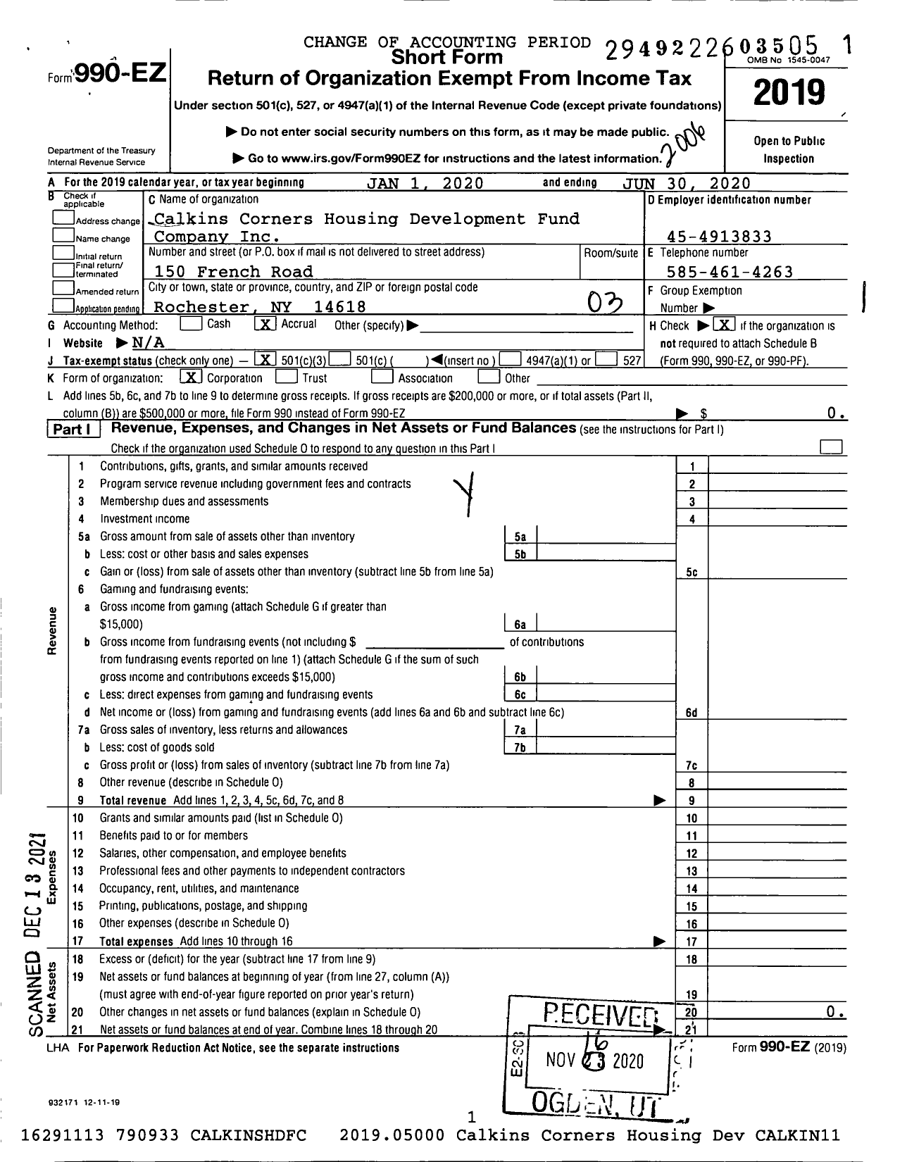 Image of first page of 2019 Form 990EZ for Calkins Corners Housing Development Fund Company