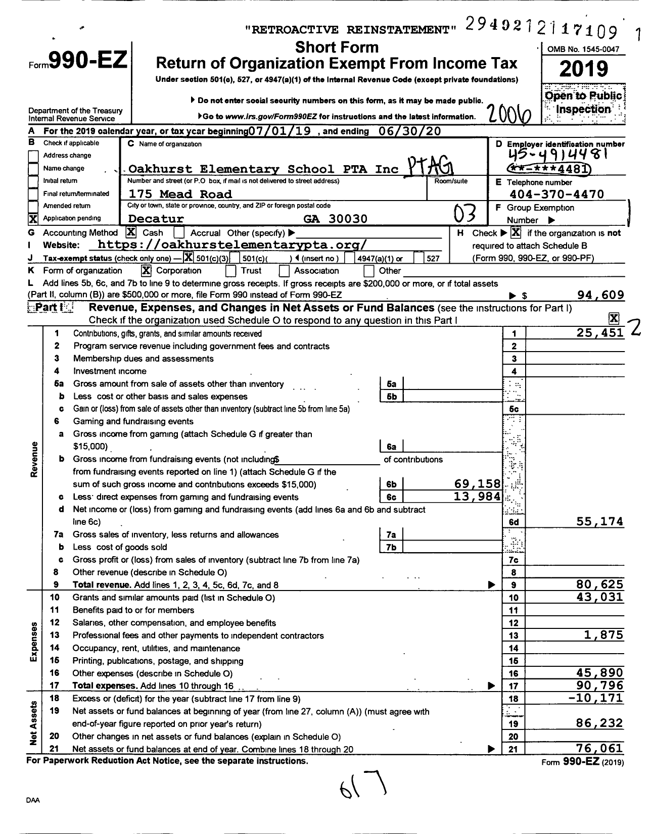 Image of first page of 2019 Form 990EZ for Oakhurst Elementary School PTA