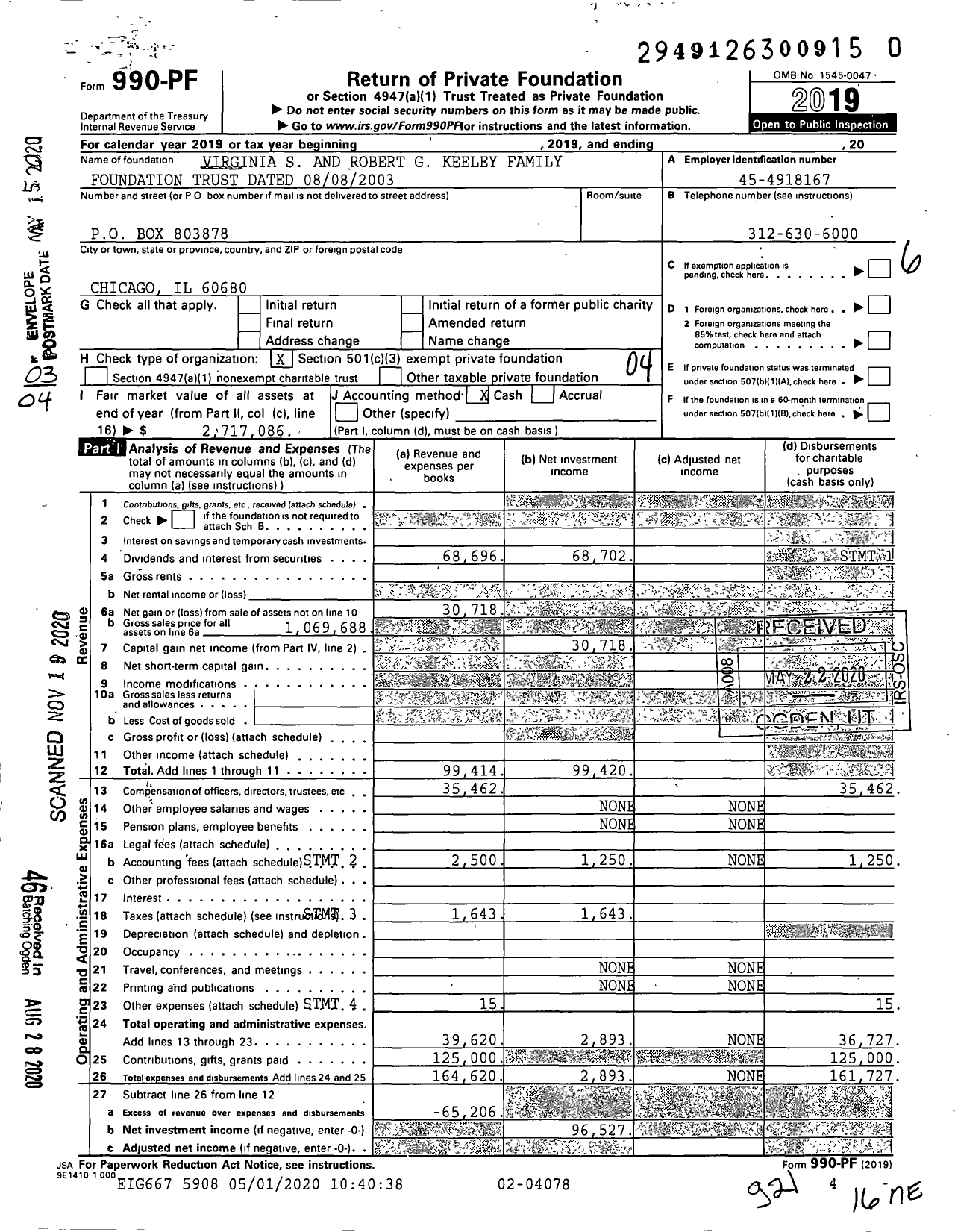 Image of first page of 2019 Form 990PF for Virginia S and Robert G Keeley Family