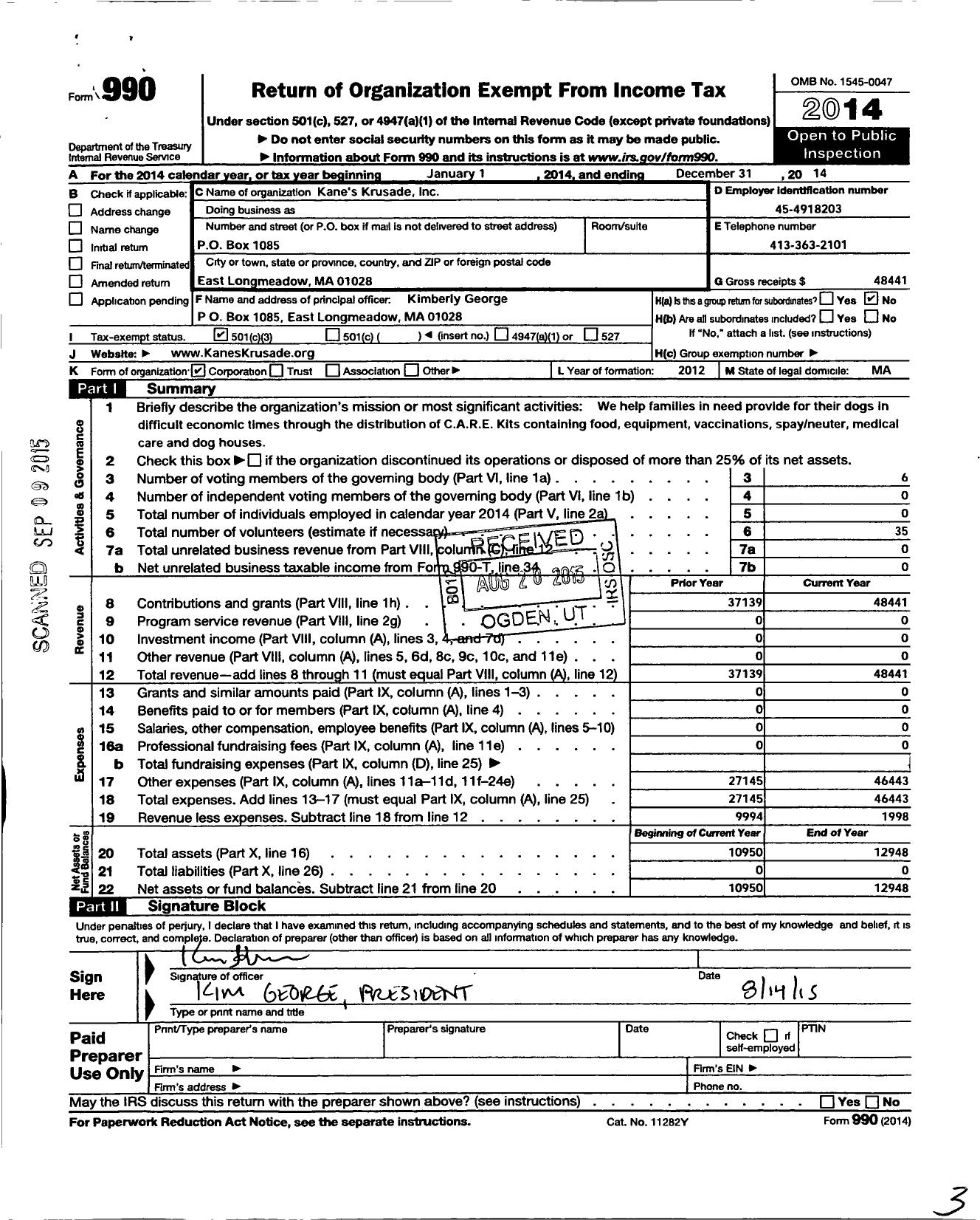 Image of first page of 2014 Form 990 for Kanes Krusade