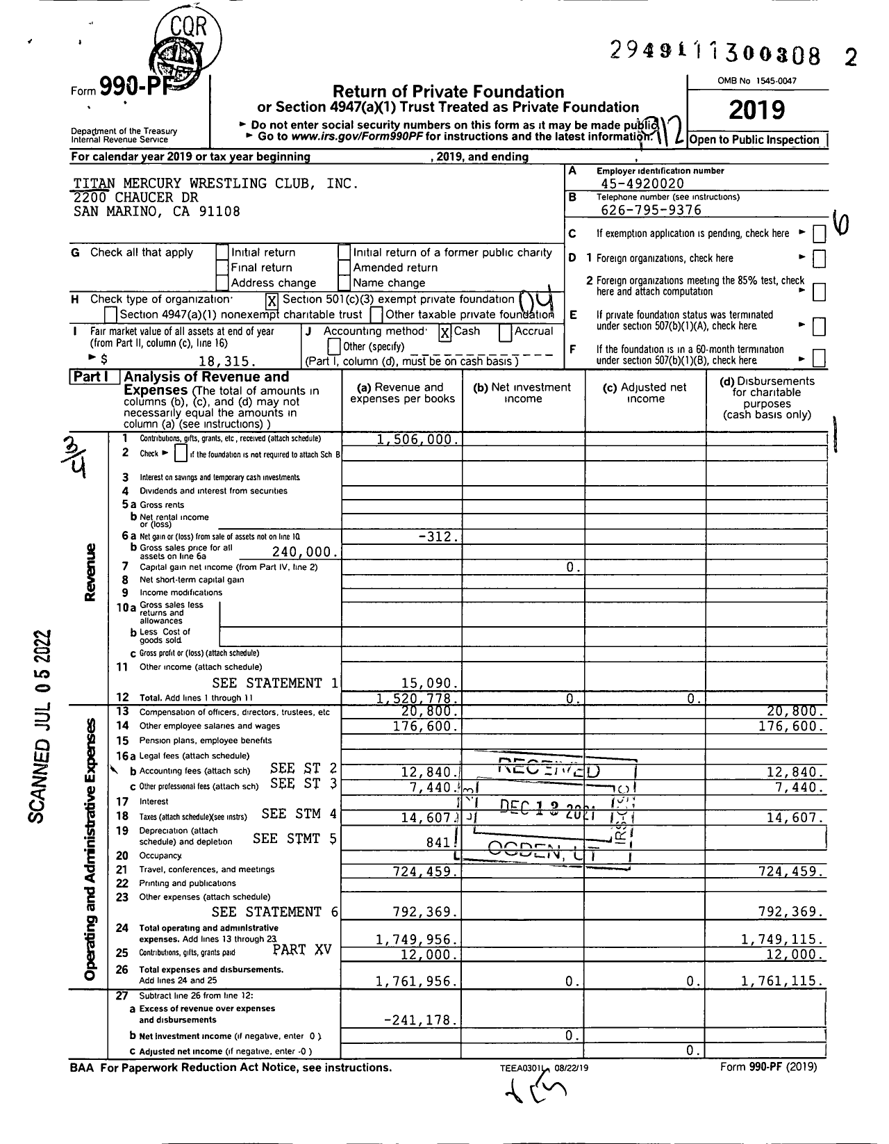 Image of first page of 2019 Form 990PF for Titan Mercury Wrestling Club