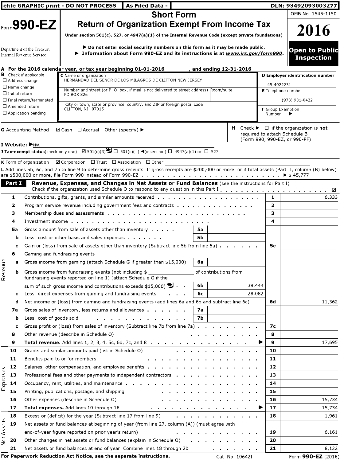 Image of first page of 2016 Form 990EZ for Hermandad Del Senor de Los Milagros de Clifton New Jersey