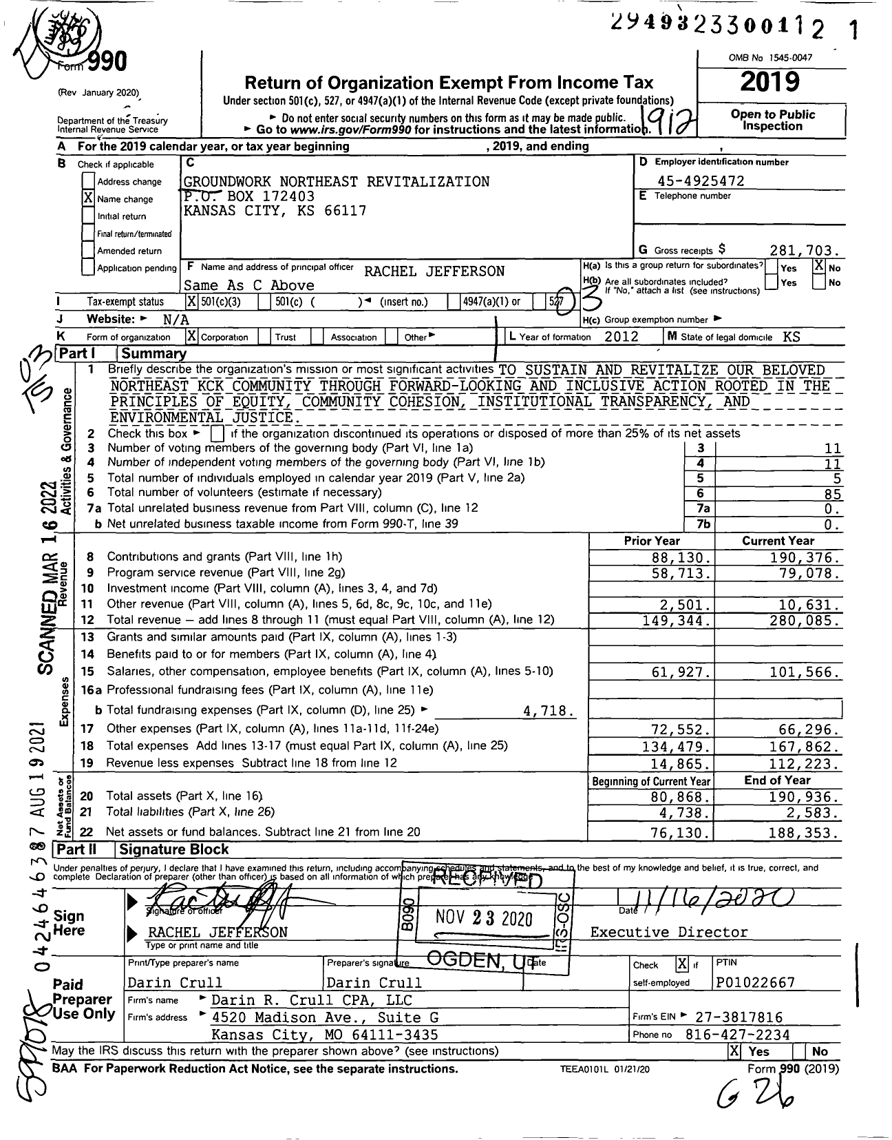 Image of first page of 2019 Form 990 for Groundwork Northeast Revitalization