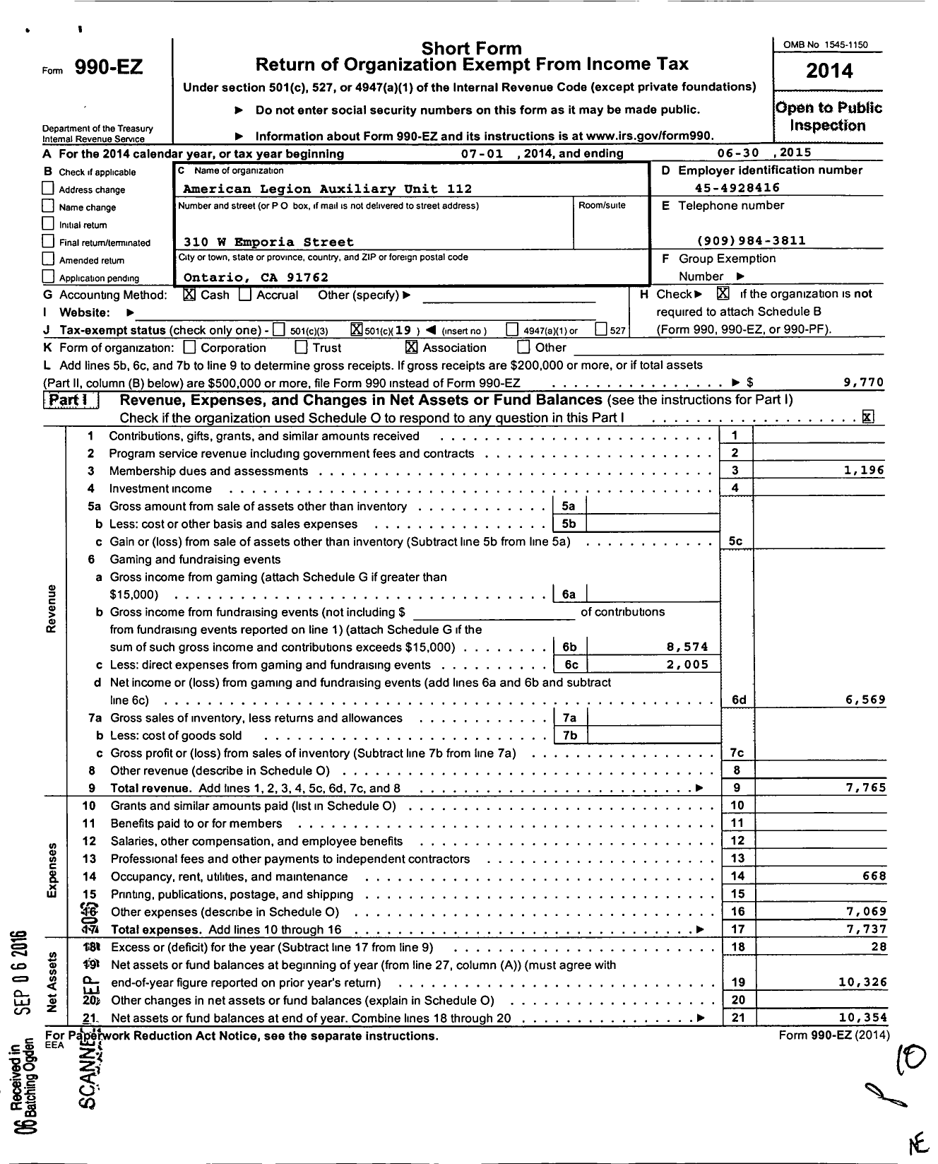 Image of first page of 2014 Form 990EO for Ontario Unit No 112 District No 25 American Legion Auxiliary