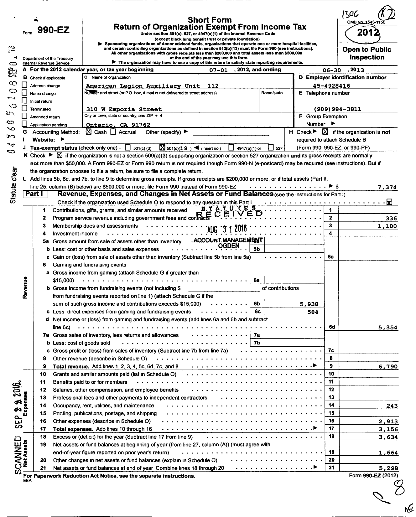 Image of first page of 2012 Form 990EO for Ontario Unit No 112 District No 25 American Legion Auxiliary